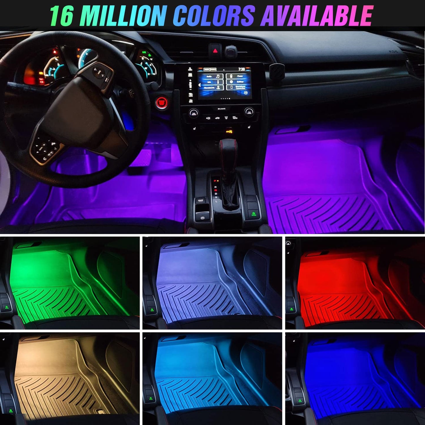 Nilight 4PCS USB Interior Car Lights 48 LEDs RGB LED Strips Lights with App Control Music Sound Active Mode Under Dash Footwell Ambient Lights 2 Line Design for Car Truck ATV UTV, 2 Years Warranty