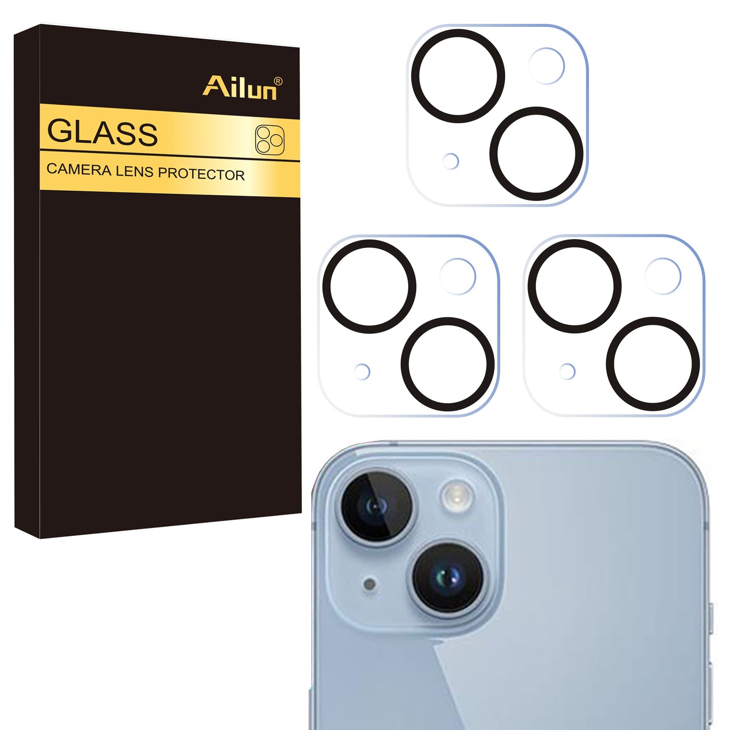 Ailun 3 Pack Camera Lens Protector for iPhone 15/14 6.1" ＆ iPhone 15 Plus/14 Plus 6.7",Tempered Glass,9H Hardness,Ultra HD,Anti-Scratch,Easy to Install,Case Friendly [Does not Affect Night Shots]