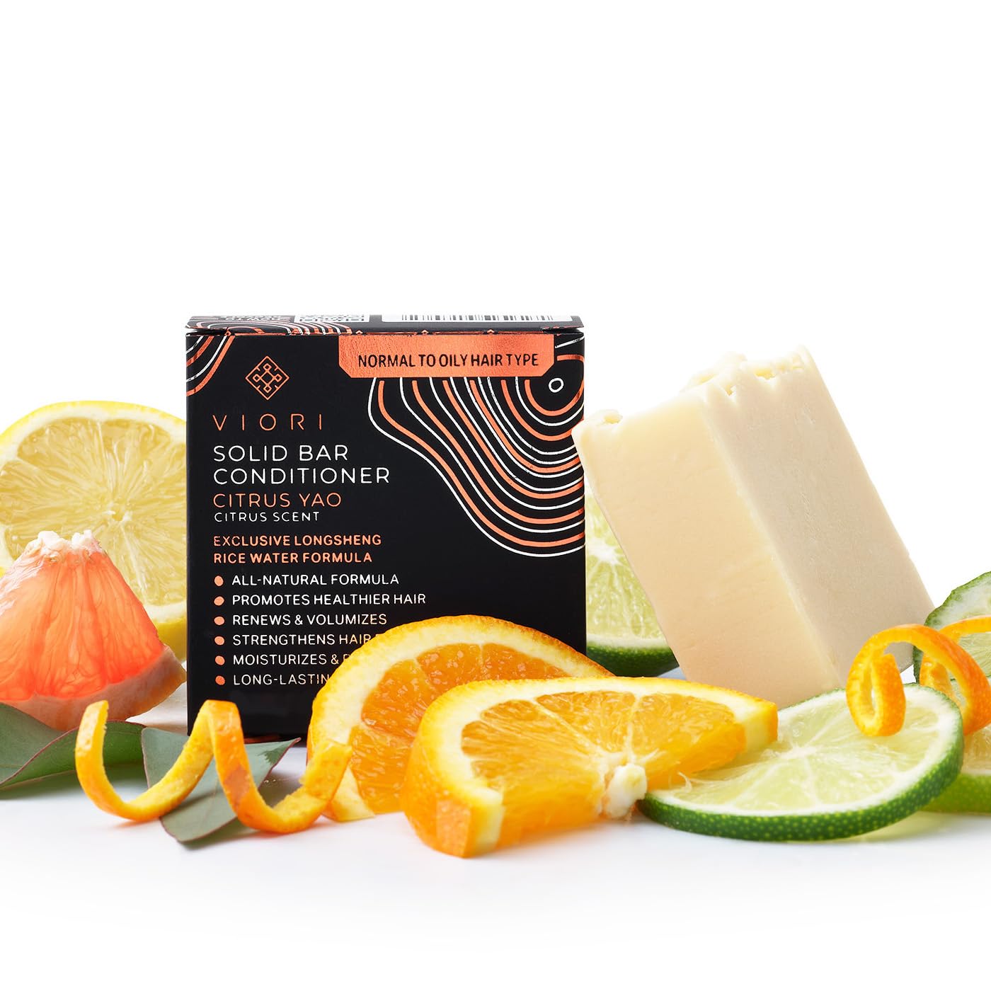 Viori Citrus Yao Conditioner Bar - Handcrafted with Longsheng Rice Water & Natural Ingredients - Sulfate-free, Paraben-free, Cruelty-free, Phthalate-free, pH balanced 100% Vegan, Zero-Waste