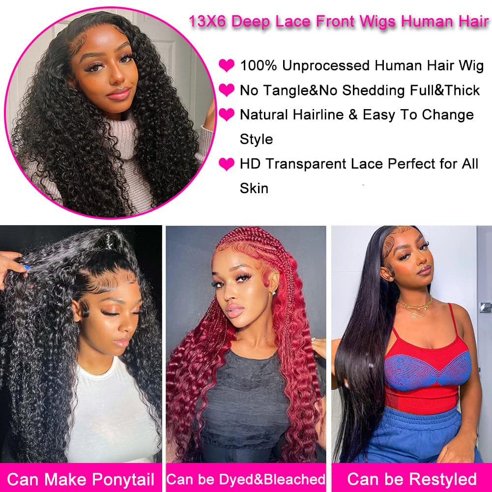 13x6 Lace Front Wigs Human Hair 180% Density Deep Wave Wigs for Women Human Hair Glueless Wigs Human Hair Pre Plucked with Baby Hair Natural Hairline Wet and Wavy Lace Front Wigs 28 Inch