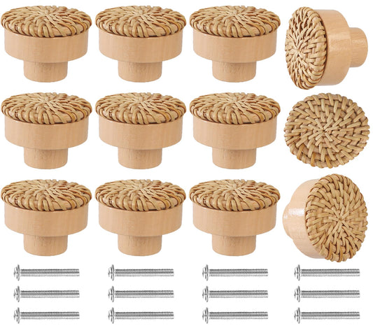 Wcatea 12 Pack Boho Rattan Dresser Knobs Handmade Wooden Drawer Knobs,Wood Drawer Pulls,with 12 Screws of Wicker Woven Pulls Cabinets, Furniture