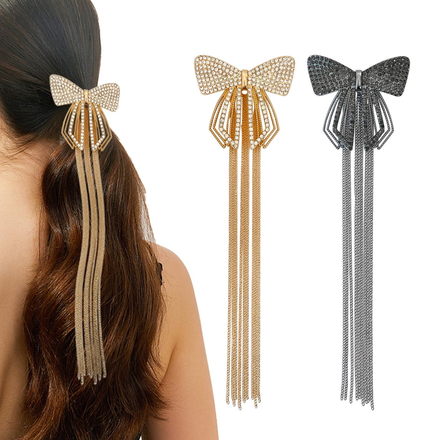 FRDTLUTHW Hair Bows for Women & Girls, Pack of 2 - Gold & Silver Metal Barrettes with Rhinestone/Tassels