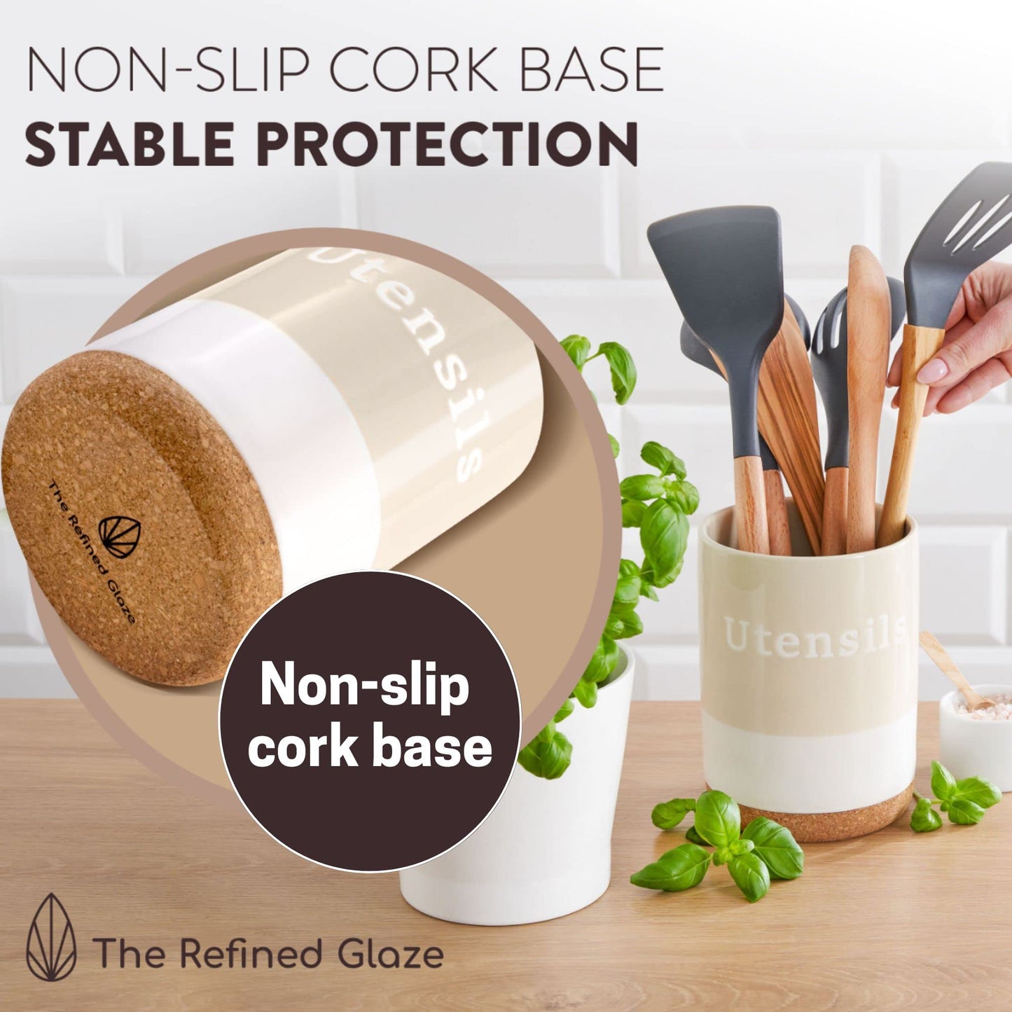 The Refined Glaze Ceramic Utensil Holder for Kitchen Counter - Large Utensil Crock Organizer with a Cork Base (H7 x W5) - Modern Farmhouse Decor for the Kitchen - Spatula Holder (Beige & White)