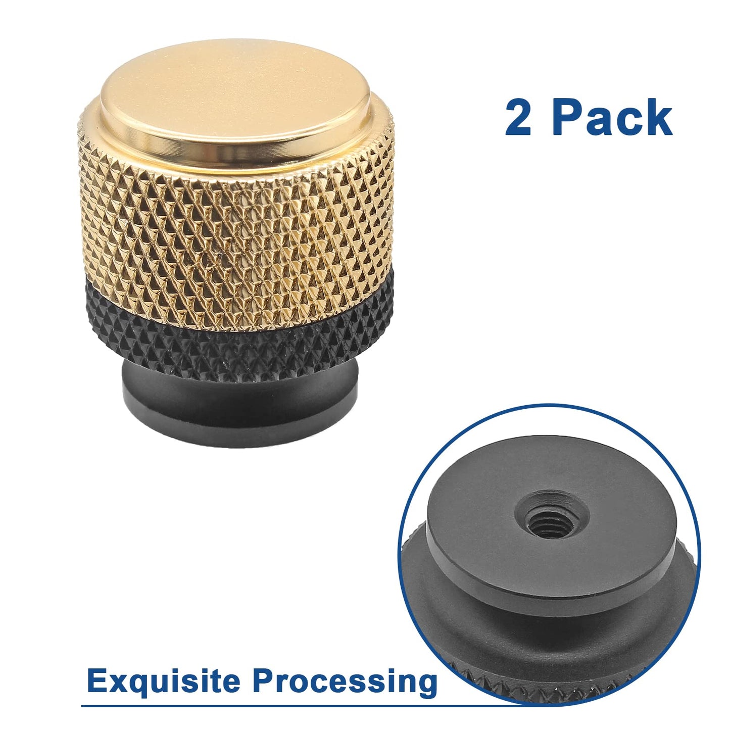 Luomorgo 2 Pcs Knurled Cabinet Knobs, Aluminum Black & Gold Kitchen Drawer Knobs, 1 inch Round Dresser Knobs Handles, Bathroom Cabinet Door Knobs, Decorative Pull Knobs for Cabinets, Drawers