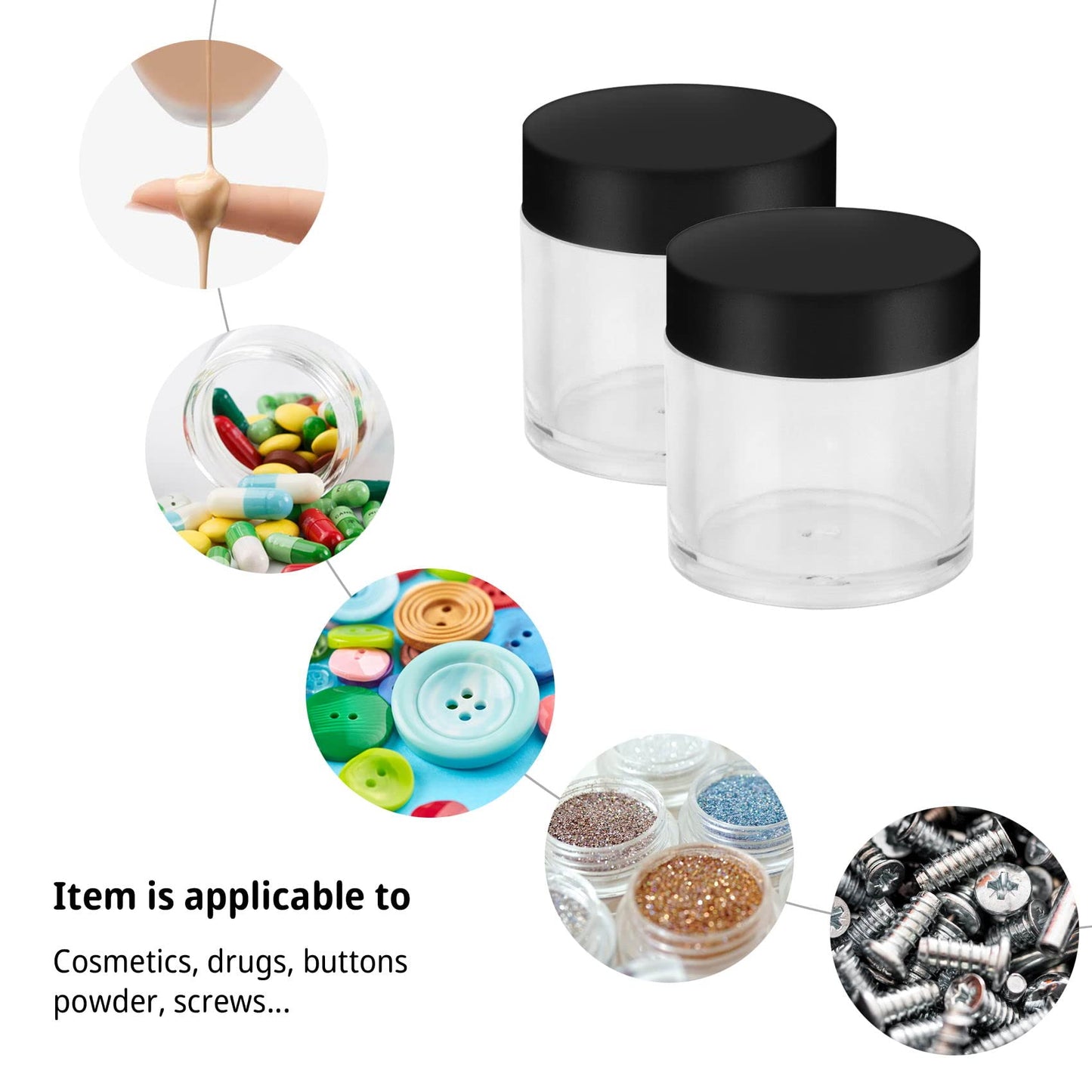 20 Pcs Empty 10Grams Cosmetic Round Jars, Sample Pots, Travel Pots with Spatula for Cosmetics, Nail Powder, Beads, Rhinestones, DIY Makeup Creams(Black) (20, 10g)