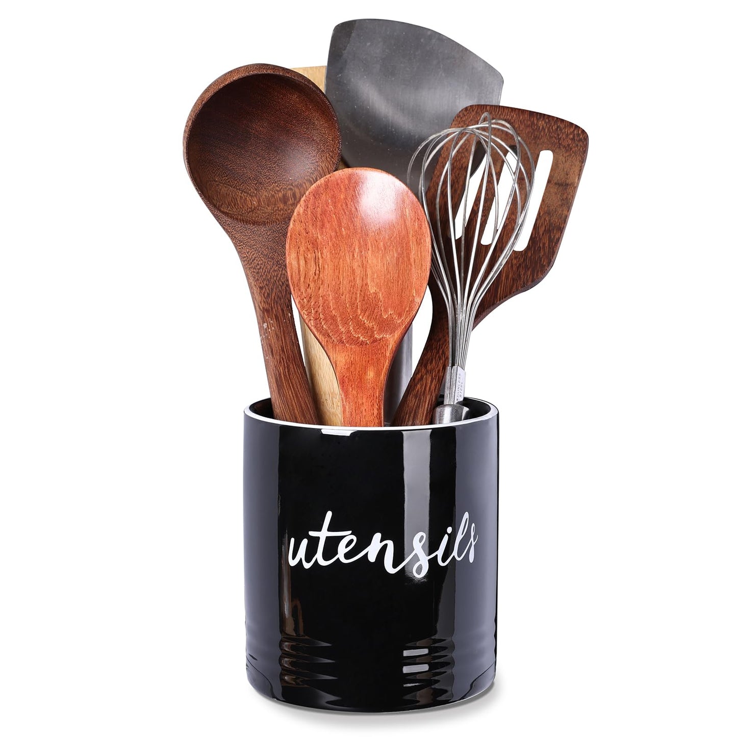 LEETOYI Farmhouse Utensil Holder,Ceramic Utensil Crock Easy to Clean 4.5-inch (Black)