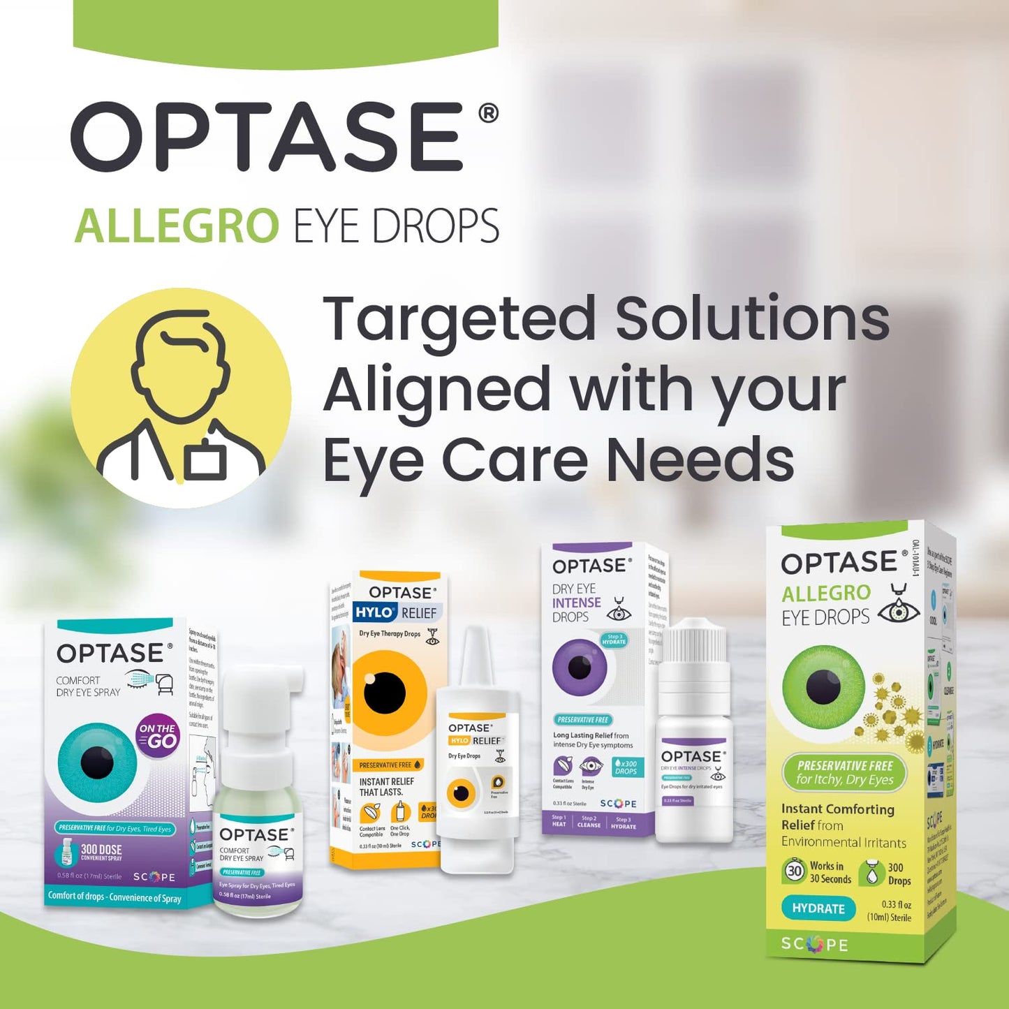 OPTASE Allegro Eye Drops for Dry Eyes - Lubricating Eye Drops for Dry Eyes - Eye Drops for Red Eyes and Seasonal Irritants - Symptom Relief Eye Drops for Contacts and Itchy Eyes - .33 oz, 300 Drops