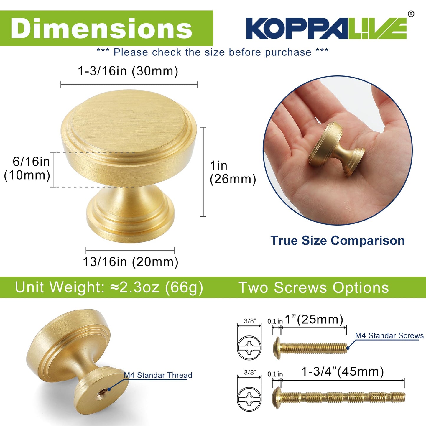 KOPPALIVE 2-Pack Solid Brass Kitchen Cabinet Knobs, Modern Gold Drawer Knobs for Dresser, Round Step Cabinet Knobs Pulls, Brushed Finish, Diameter 1-11/64 Inches