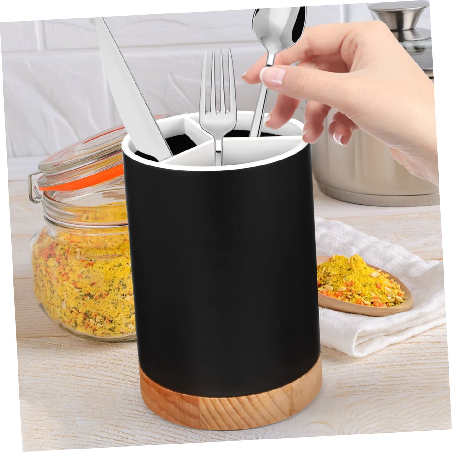 HOMSFOU Cutlery Storage Container Cutlery Holder Black Kitchen Decor Wood Utensil Holder Crock Accessories Black Kitchen Utensils Storage Drawers Organizer Chopstick Draining Holder Metal