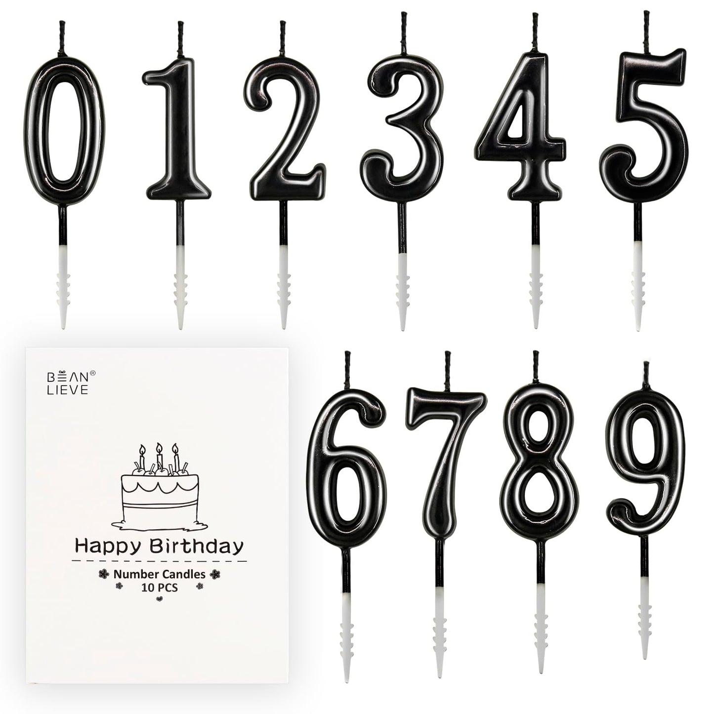 Beanlieve Black Numeral Birthday Candles - Cake Numeric Candles Number 0 1 2 3 4 5 6 7 8 9,Used for Cake Decoration on Birthday Parties and Wedding Anniversary Celebrations(10 Pieces)