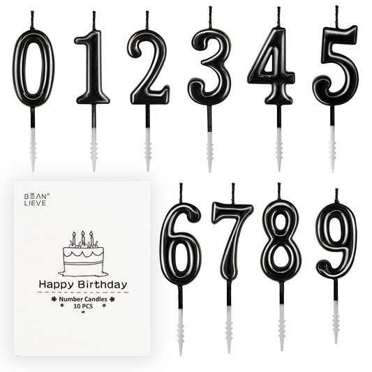 Beanlieve Black Numeral Birthday Candles - Cake Numeric Candles Number 0 1 2 3 4 5 6 7 8 9,Used for Cake Decoration on Birthday Parties and Wedding Anniversary Celebrations(10 Pieces)