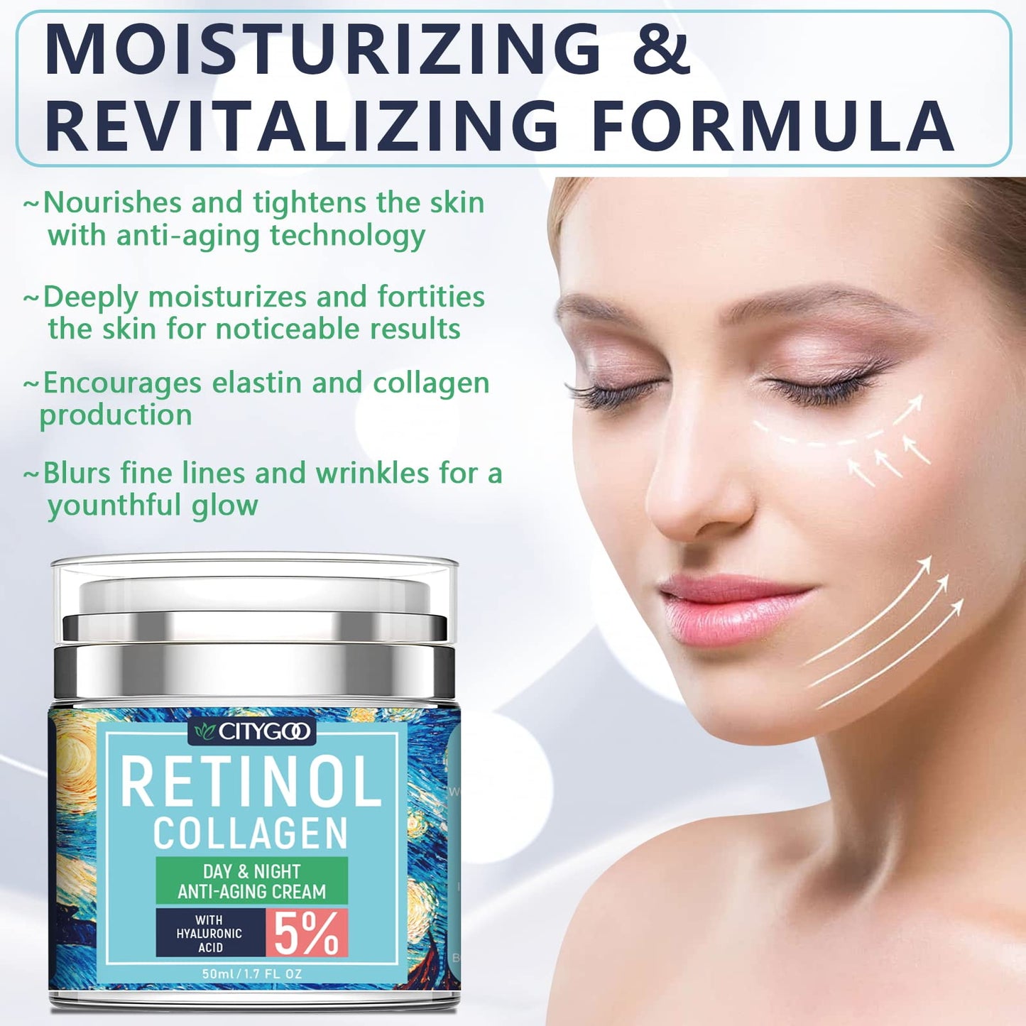 Retinol Cream for Face - Facial Moisturizer with Collagen Cream and Hyaluronic Acid, Anti-Wrinkle Reduce Fine Lines with Vitamin C+E, Day and Night Anti-Aging Cream For Women and Men -Designed in USA