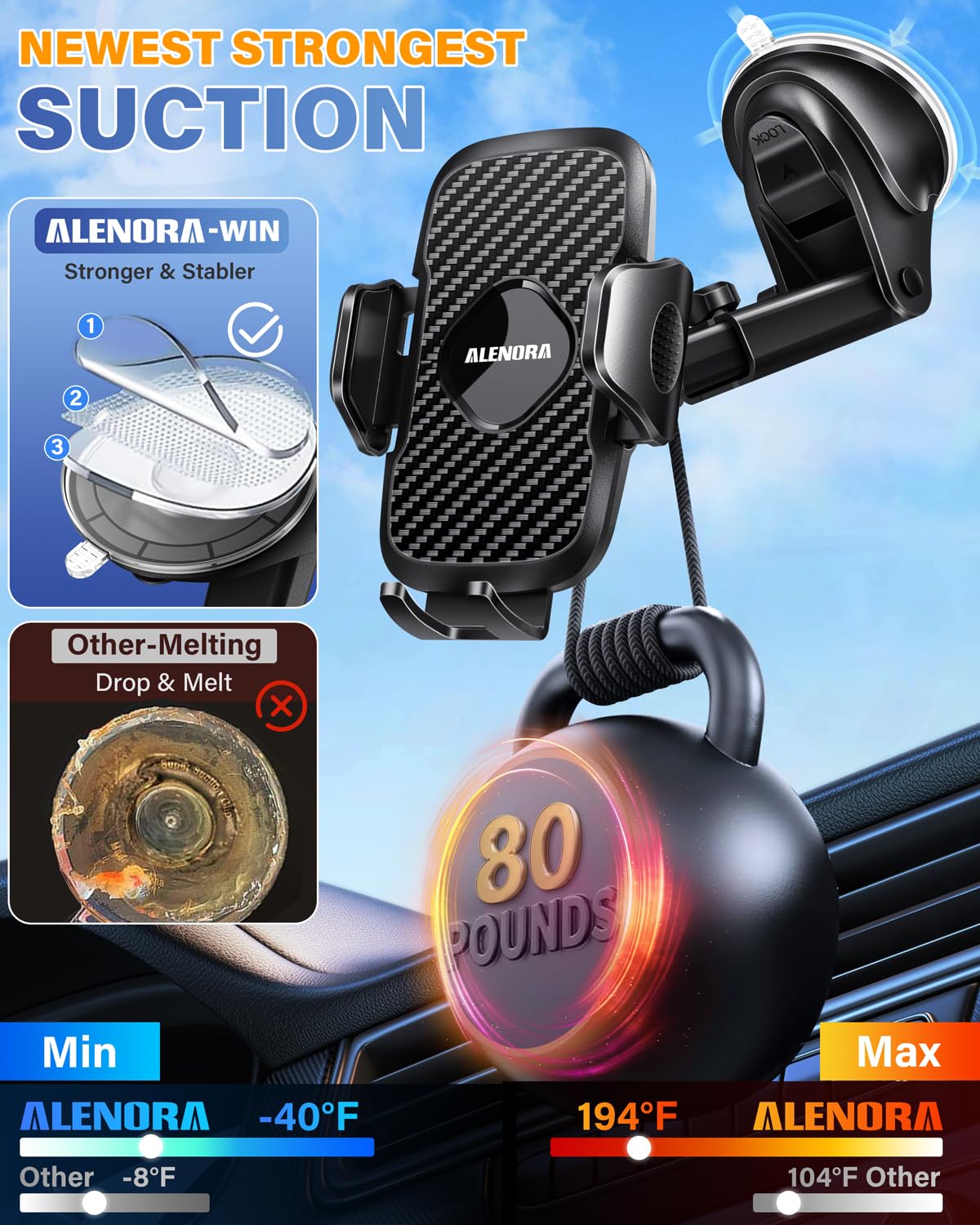 ALENORA Universal Cell Phone Holder Car【Strongest Suction & Hook】 HandFree Phone Mount for Car, Phone Stand for Car Dashboard/Windshield/Air Vent Truck Accessories Cradle for iPhone 15/14 & Android