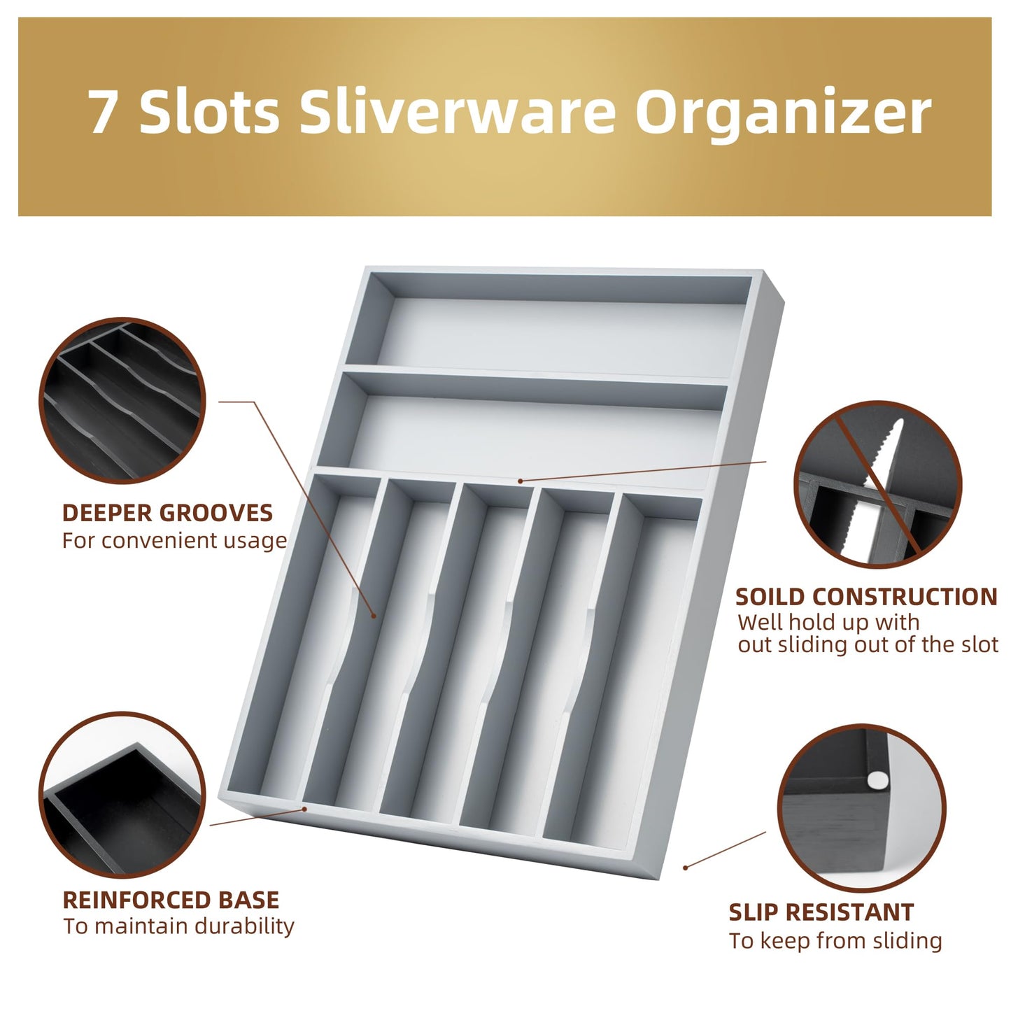 Besilord Silverware Organizer 13 Inch Gray Bamboo Kitchen Drawer Organizer 7 Slots Utensil Organizer Silverware Holder Cutlery Organizer Flatware Tray