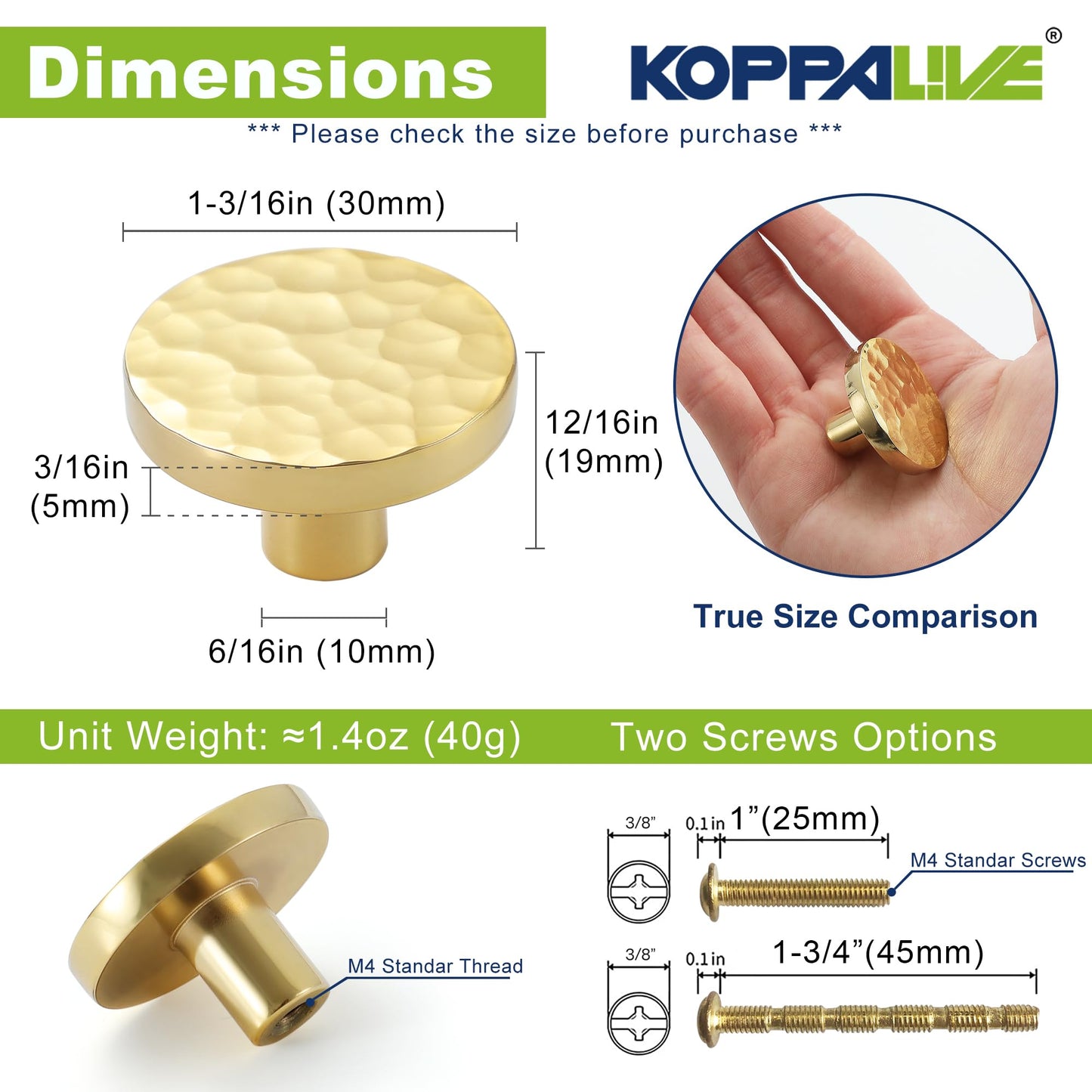 KOPPALIVE 10-Pack Modern Gold Cabinet Knobs, Hammered Solid Brass Drawer Knobs, Round Dresser Drawer Pulls and Handles, Kitchen Cabinet Hardware, Diameter 1-3/16 Inch