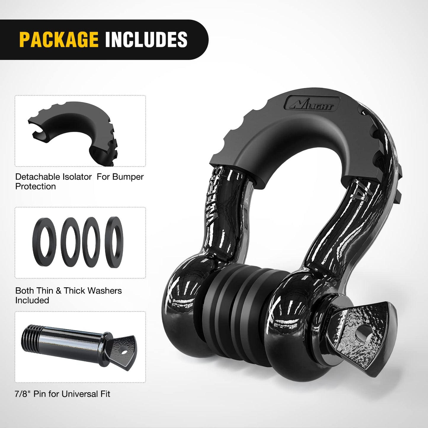 Nilight - 90052B 2 Pack 3/4" D-Ring Shackle 4.75 Ton (9500 Lbs) Capacity with 7/8" Pin Heavy Duty Off Road Recovery Shackle with Isolators & Washer Kit for Jeep Truck Vehicle