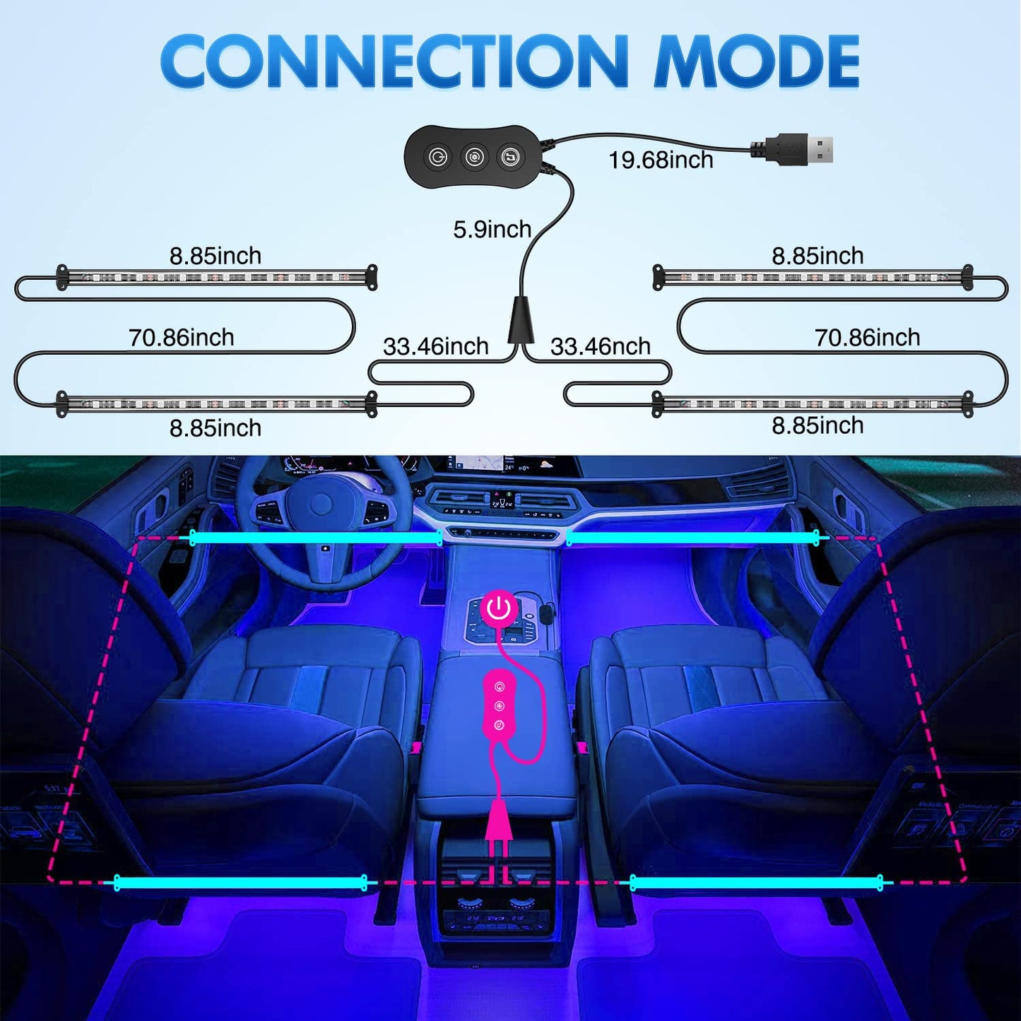 Nilight 4PCS USB Interior Car Lights 48 LEDs RGB LED Strips Lights with App Control Music Sound Active Mode Under Dash Footwell Ambient Lights 2 Line Design for Car Truck ATV UTV, 2 Years Warranty