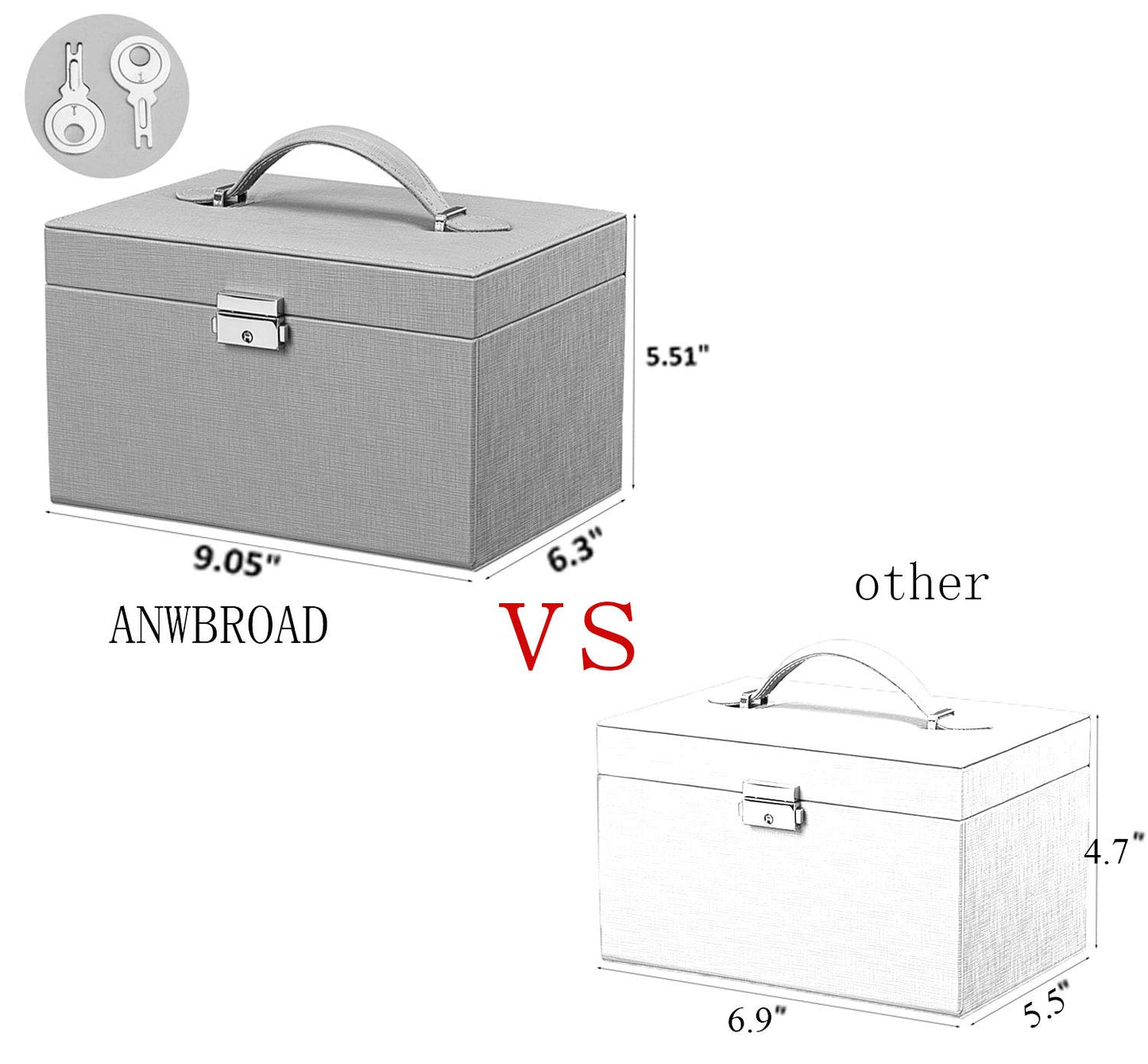 ANWBROAD Jewelry Box for Women and Teen Girls with Lock and Mirror Jewelry Storage Organizer Box Portable Travel Jewelry Boxes for Necklaces Rings Earrings Bracelets UJJB002F