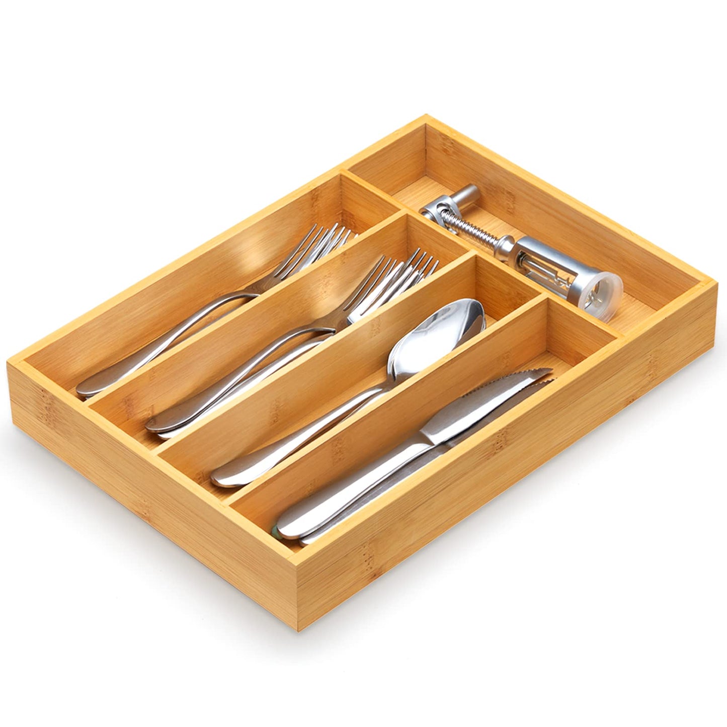 FURNINXS Bamboo Kitchen Drawer Organizer Wooden Silverware Utensil Tray Holder with 5 Small Narrow Compartments for Cutlery Spoons Forks Knives Storage Flatware Organizer 14x10.5x2 inch