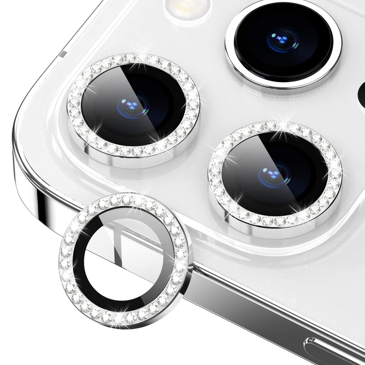 Xfilm for iPhone 14 Pro/iPhone 14 Pro Max Camera Lens Protector Bling, 9H Hardness Scratchproof Metal Individual Diamond Ring Protector, Stylish Accessories, Case Friendly (Silver Diamond)