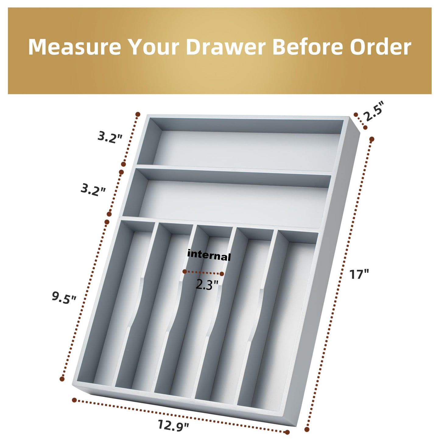 Besilord Silverware Organizer 13 Inch Gray Bamboo Kitchen Drawer Organizer 7 Slots Utensil Organizer Silverware Holder Cutlery Organizer Flatware Tray