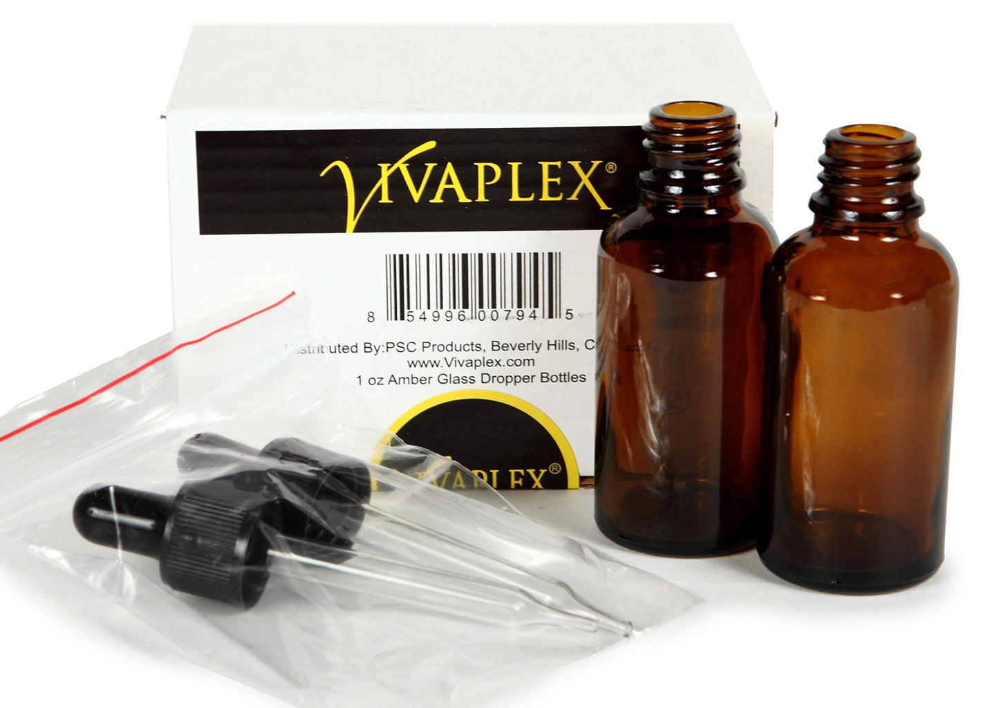 Vivaplex, Amber, 4 oz Glass Bottles, with Glass Eye Droppers - 2 pack