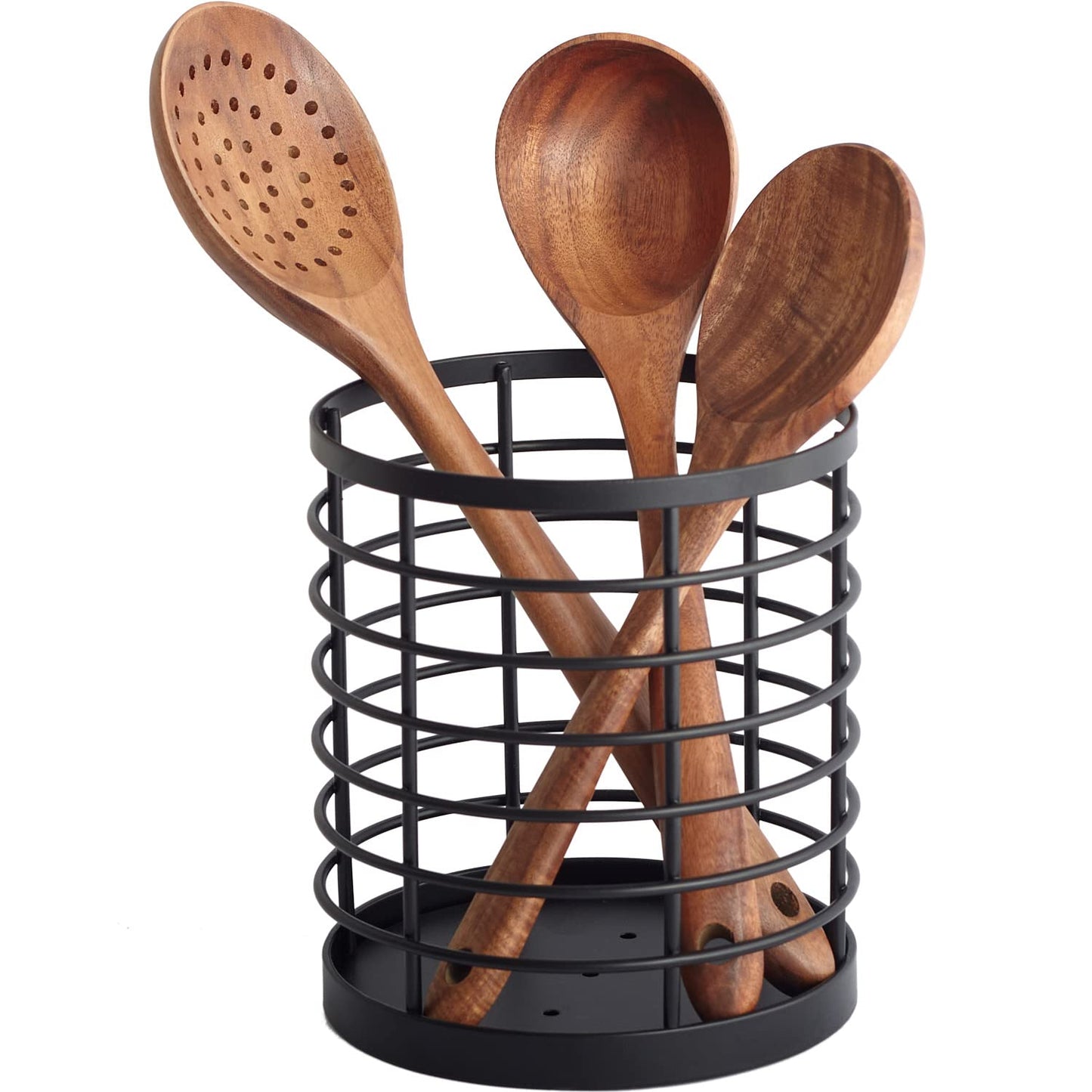 WDT Tool Utensil holder for Kitchen Counter - 5.2" x 5.2" x 6" Large Round Utensils Holder with Wooden Base Matte Black Cooking Utensil Holder，Kitchen countertop Utensil Organizer (Metal)