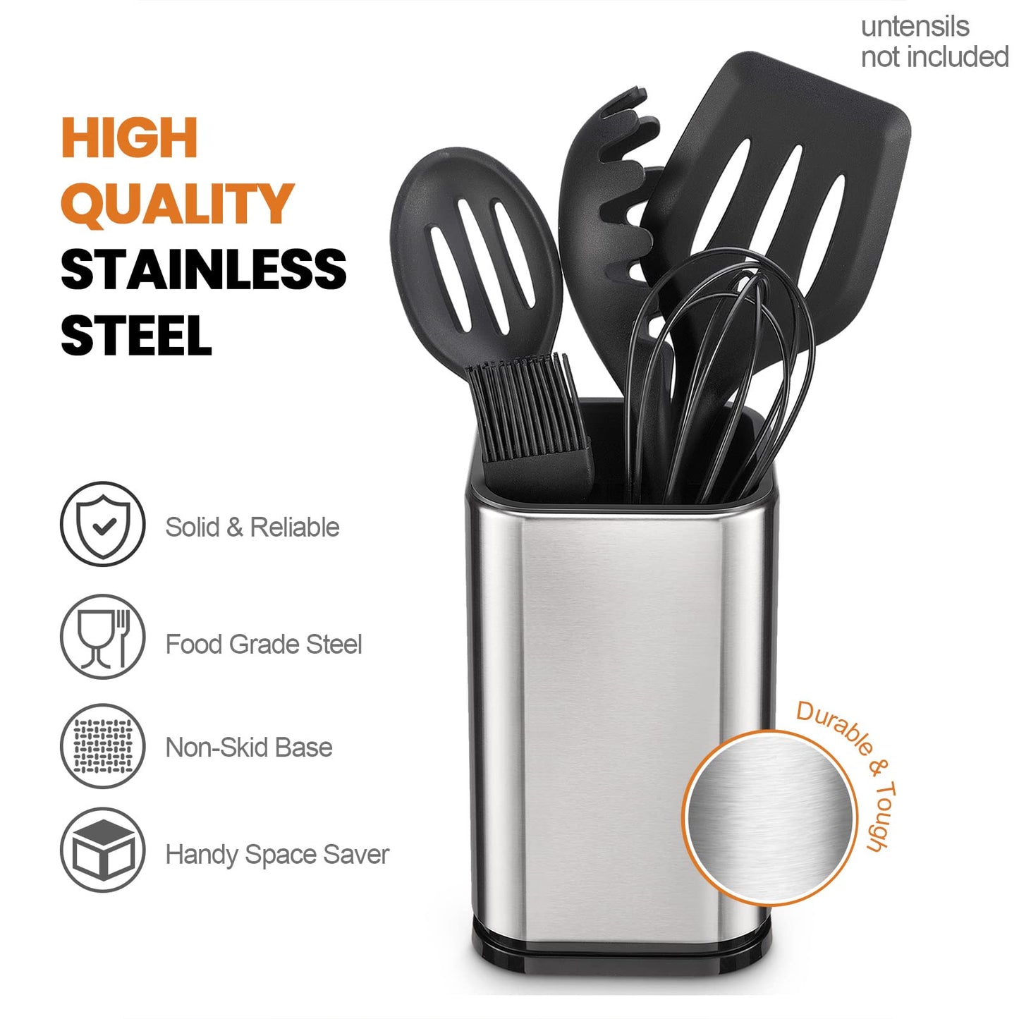 XCX Utensil Holder Brushed Stainless, Stainless Steel Utensil Holder, Fingerprint Resistant Kitchenware Holder, Detachable Kitchen Utensil Crock,External Size 4"(L) x 4"(W) x 6.7"(H)