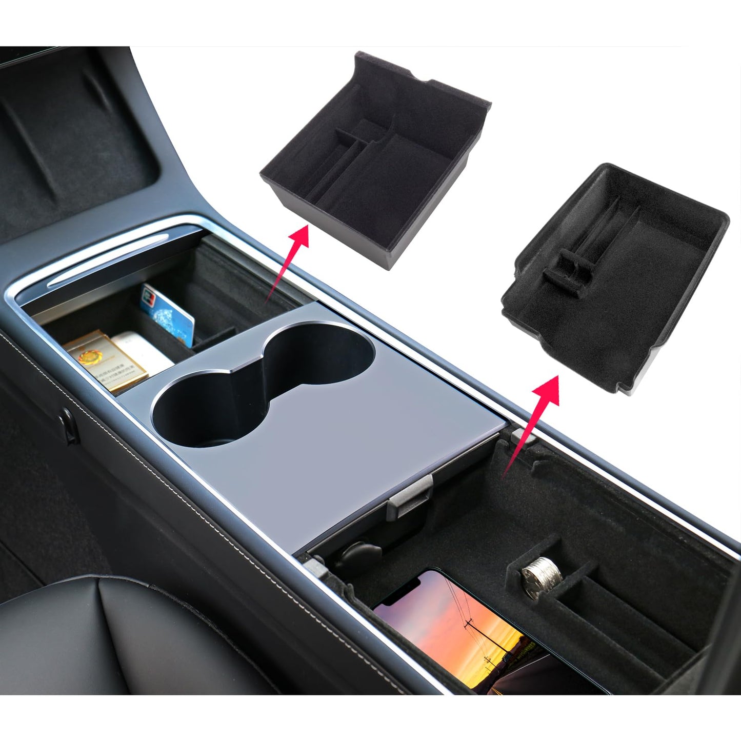 Carwiner 5 PCS Center Console Organizer Tray Compatible with 2021-2023 Tesla Model Y, Cup Holder and Under Seat Storage, Flocked/Silica Rubber Armrest Hidden Drawer Storage Box Interior Accessories