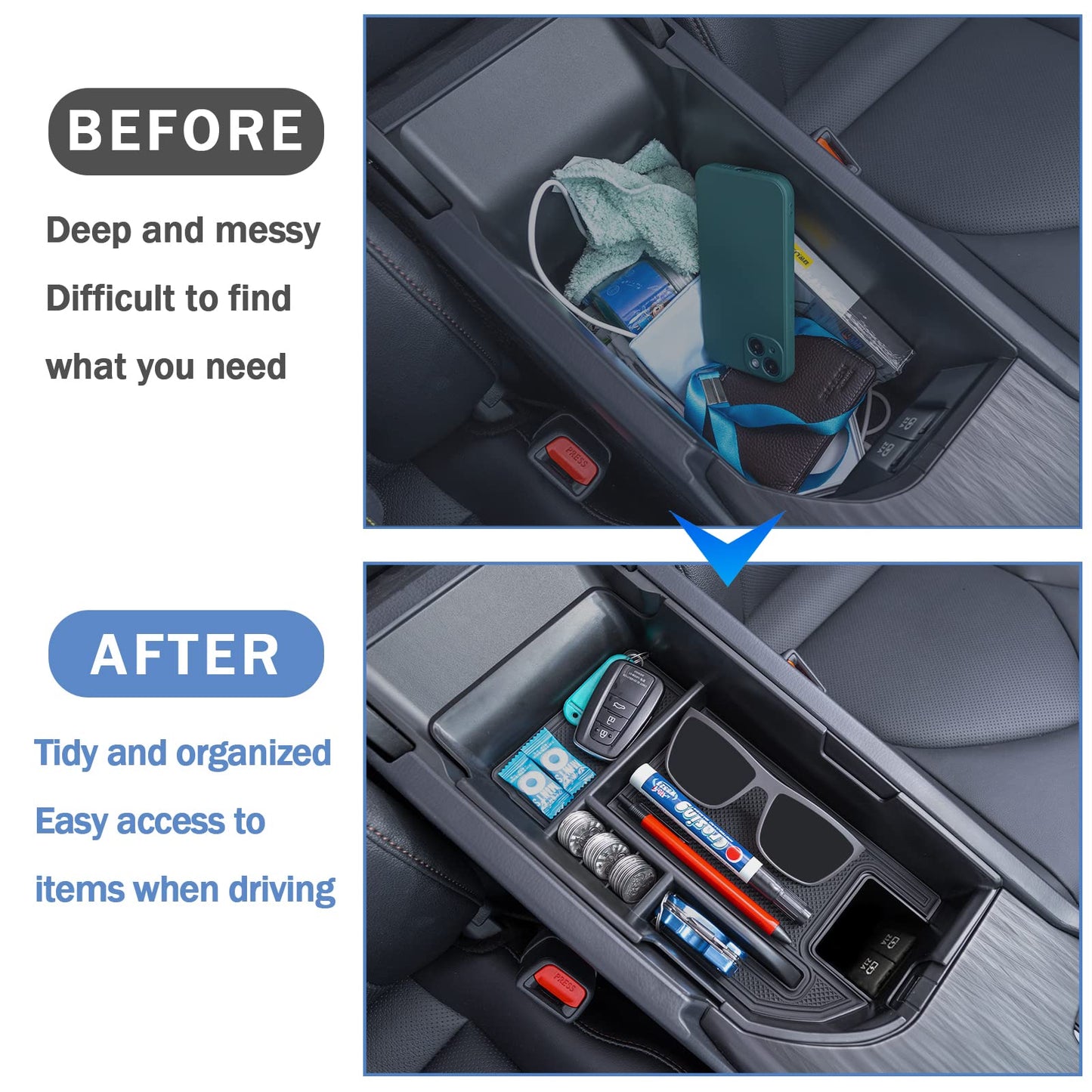 TOPINSTALL Center Console Tray Compatible with 2018-2024 Toyota Camry XLE XSE and 2020-2023 2024 Camry LE SE with Dual USB Ports, Interior Accessories Armrest Storage Console Organizer ABS Material