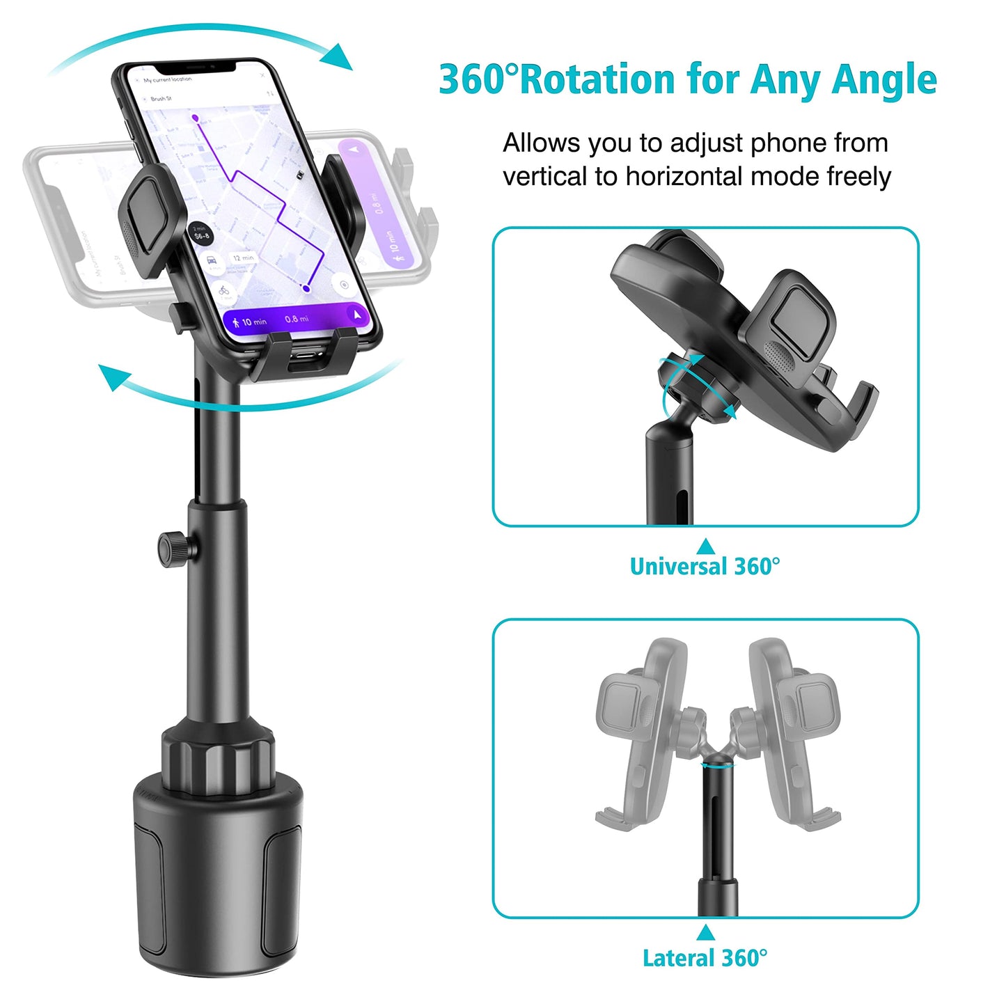 Outsolidep Car Cup Holder Phone Mount, Universal Cupholder Cradle Cell Phone Holder for Car Truck with Adjustable Height, Expandable Base and 360° Rotation, Compatible with iPhone, Andriod Phones