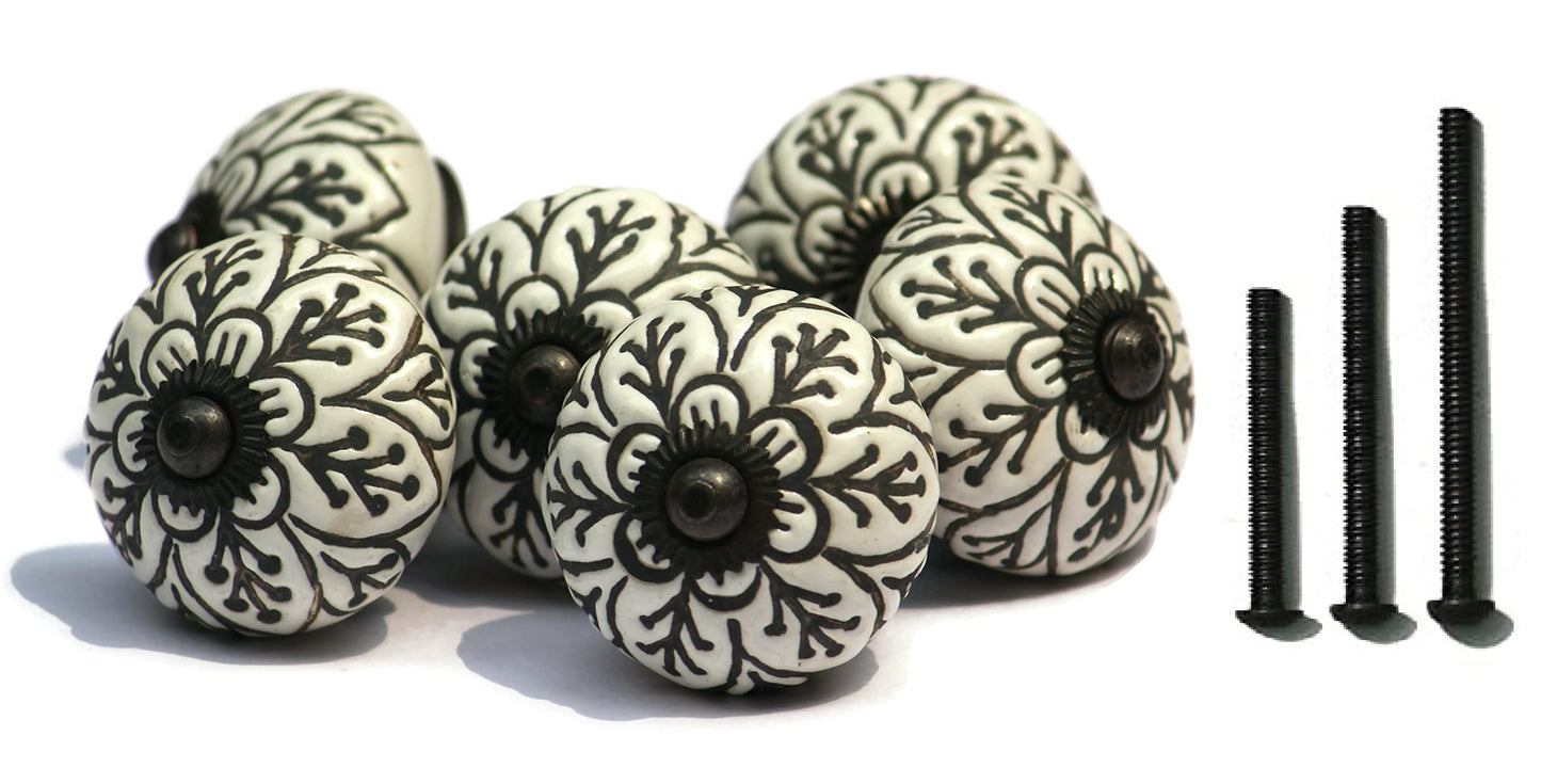 owlKraft Set of 6 Vintage Theme Black and White Ceramic Knobs - Cabinet knobs - Drawer knobs - Cabinet pulls - Door knobs (Spade)