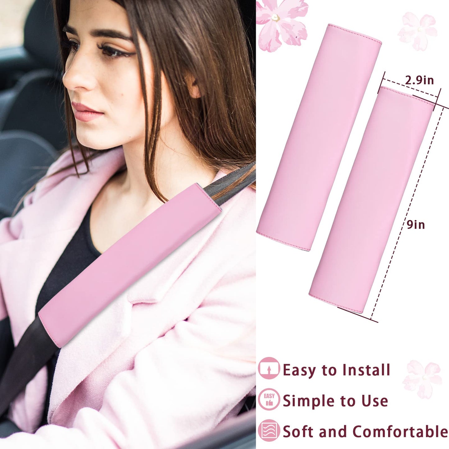 15 Pcs Car Accessories Set Leather Steering Wheel Cover Seatbelt Cover Center Console Pad Bling Car Ring Sticker USB Charger Flower Air Vent Clip