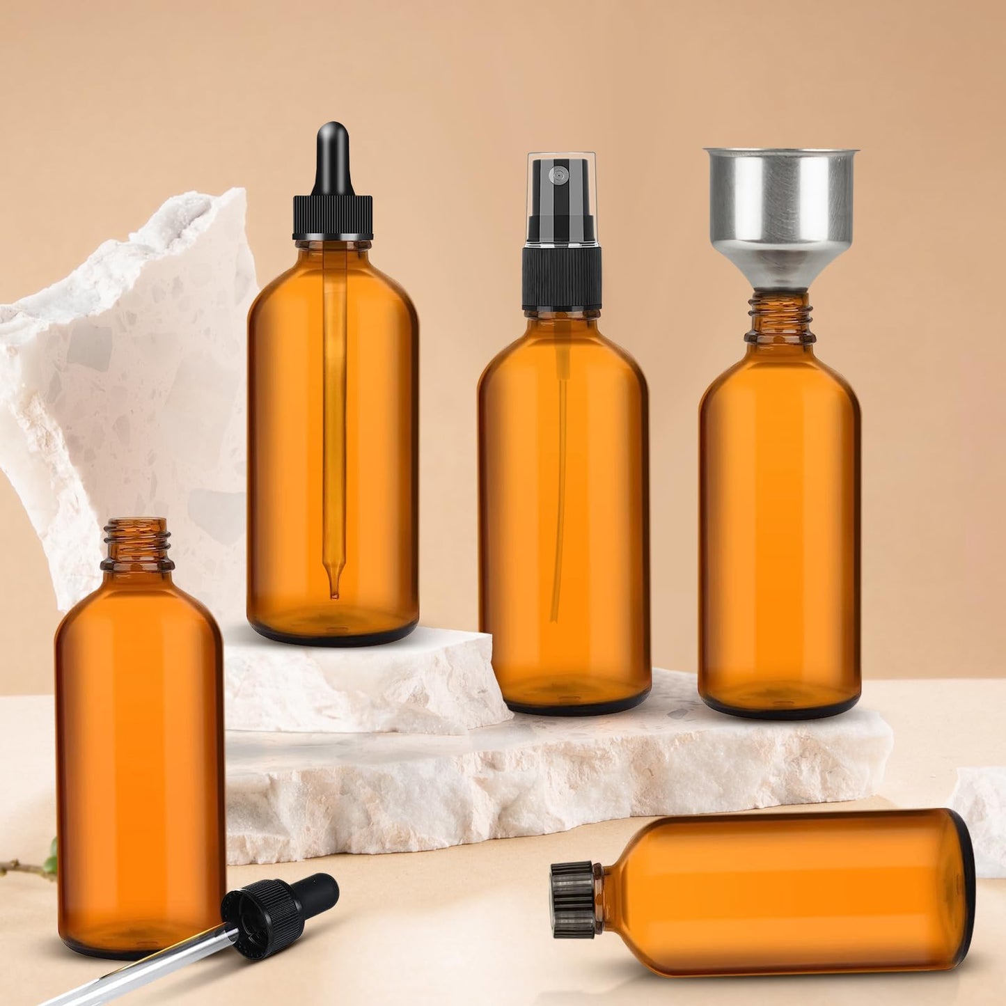 6Pcs 2 oz Dark Amber Dropper Bottles, 60ml Glass Tincture Bottles with Dropper, Funnel, Nozzle, Long Plastic Dropper, Bottle Caps, Labels, Eye Dropper Bottle for Essential Oils, Liquids