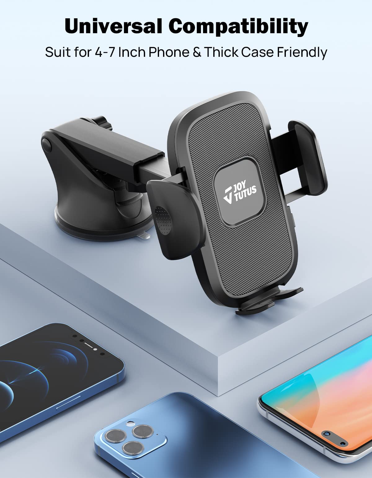 JOYTUTUS Phone Mount for Car, 3 in 1 Long Arm Strong Suction Cup Car Phone Holder, Universal Hands-Free Phone Holder for Car Windshield Dashboard Air Vent, Fit iPhone Samsung All Smartphones