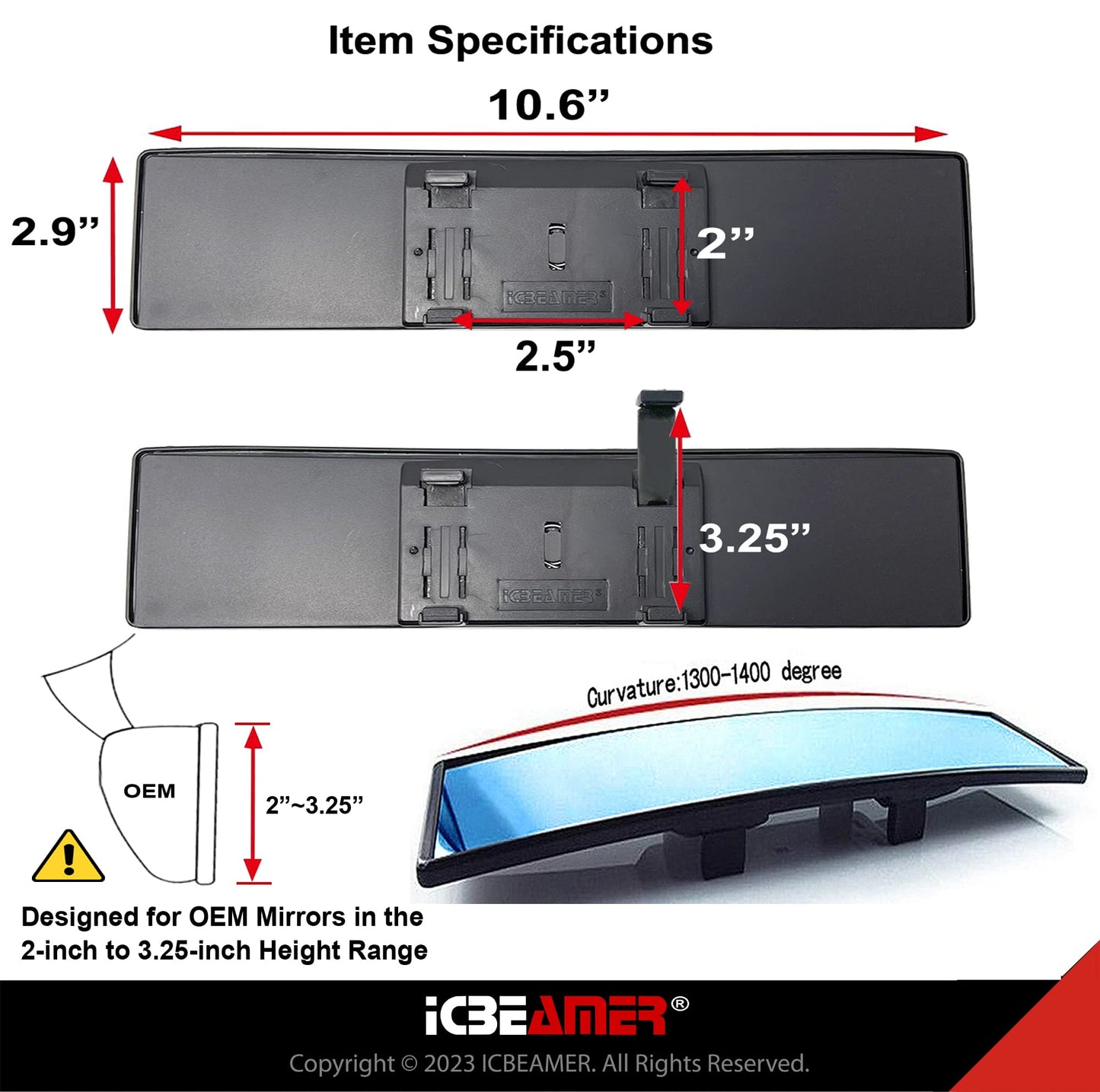 ICBEAMER 10.6" Car Rear View Mirror, HD Blue Tint, Panoramic Wide Angle Convex Surface, 2 Interior Retractable Rubber Clips, Anti Glare, Automotive Accessories Universal for Truck, Car, SUV, 1 Pack