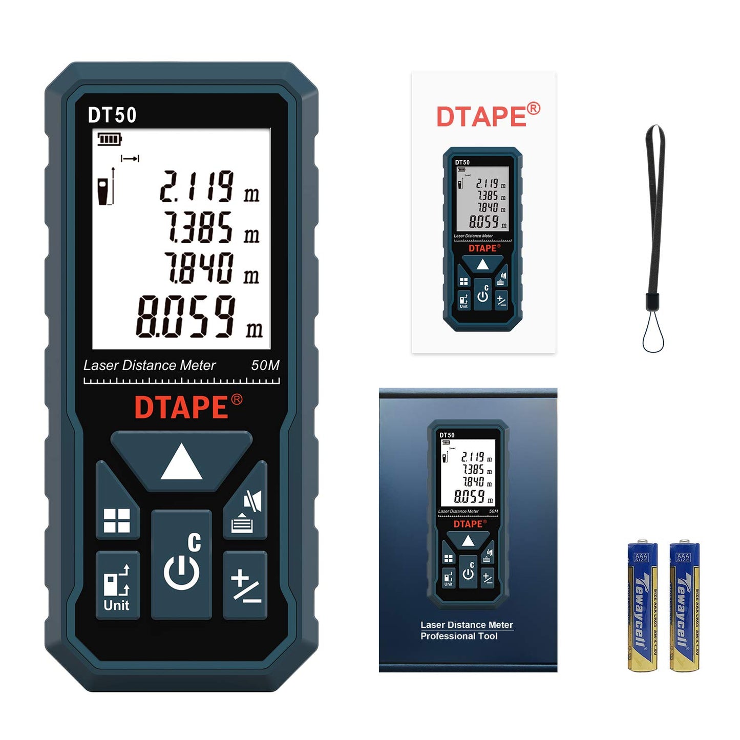 Laser Measure 165ft DT50 Laser Distance Meter 50M, Portable Handle Digital Measure Tool Range Finder, Larger Backlit LCD 4 Line Display IP54 Shockproof