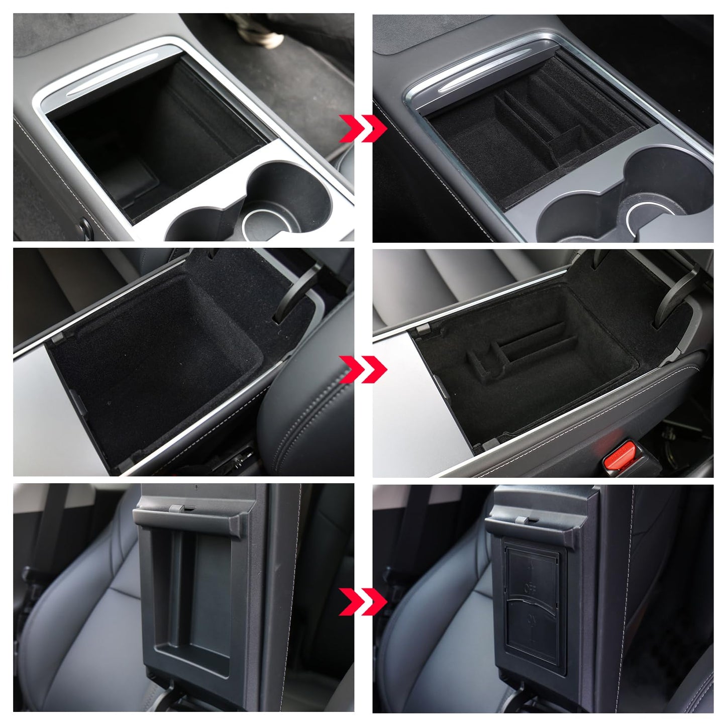 Carwiner 5 PCS Center Console Organizer Tray Compatible with 2021-2023 Tesla Model Y, Cup Holder and Under Seat Storage, Flocked/Silica Rubber Armrest Hidden Drawer Storage Box Interior Accessories