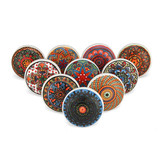 Craft Trade Assorted Cabinet Knobs Mandala Ceramic Door Knobs Colorful Red Kitchen Furniture Drawers Knobs for Cabinets Kitchen Furniture Drawers Interior Décor Wardrobe-Pack of 10