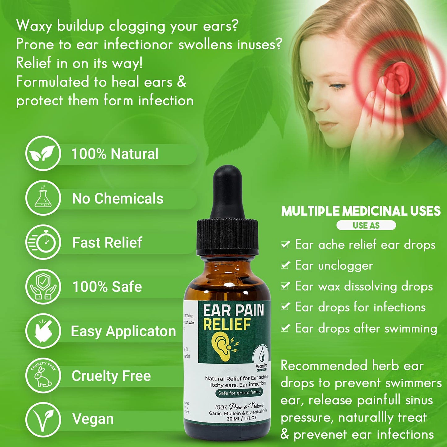 Ear Pain Relief, Relieves Ear Aches, Infections, Swimmer's Ear, Loosens Wax, Ear drops Liquid for adults, children & pet 100% Natural (30 ml) By Wonder Healing