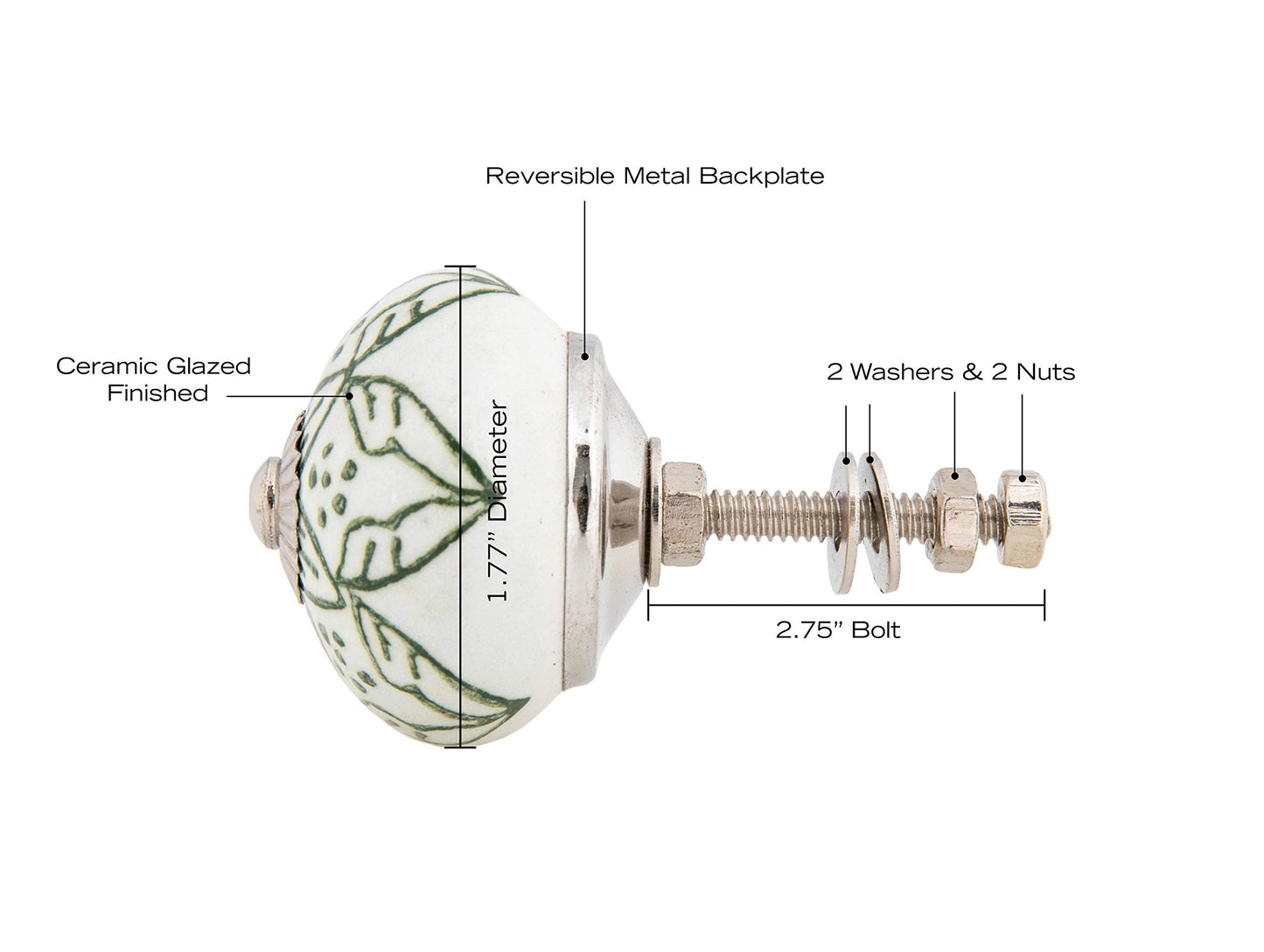 Ceramic Knobs Set of 12 - “Chambal Gardens” Furniture Knobs w/ Reversible Metal Knob Backplate - Handmade Cabinet Handles for Kitchen or Wardrobe - Decorative Knobs for Cabinets and Drawers