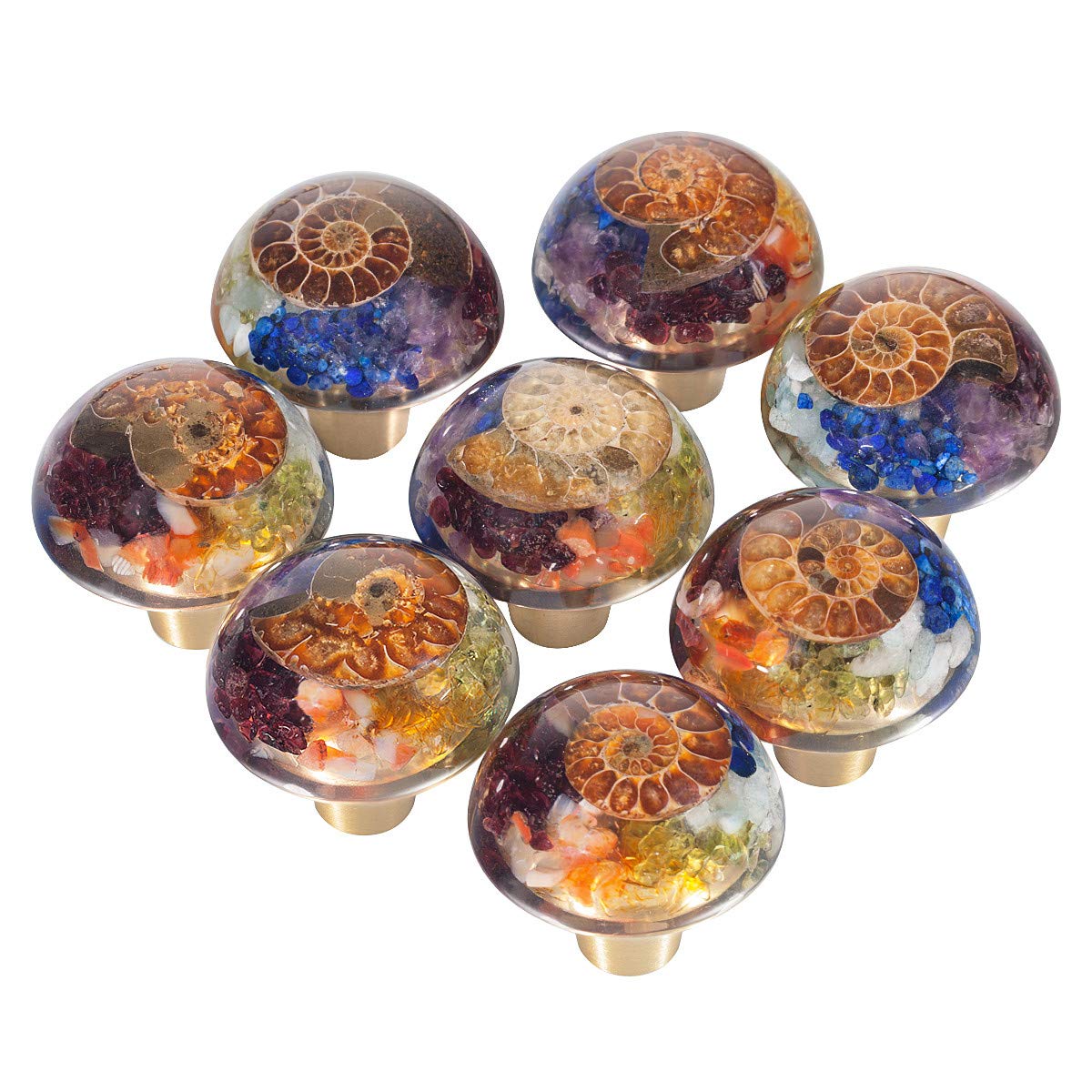 mookaitedecor Chakra Drawer Knobs with Screws Set of 2, Ammonite Fossil Resin Crystal Stone Pulls Handle for Dresser Cupboard Kitchen Wardrobe Decorative