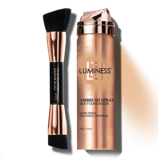 LUMINESS Silk Airbrush Spray Foundation & Buffing Brush Kit – Full Coverage Foundation & Dual-Sided Buffing Brush - Buildable Coverage, Anti-Aging Formula Hydrates & Moisturizes (Shade - Light Medium)