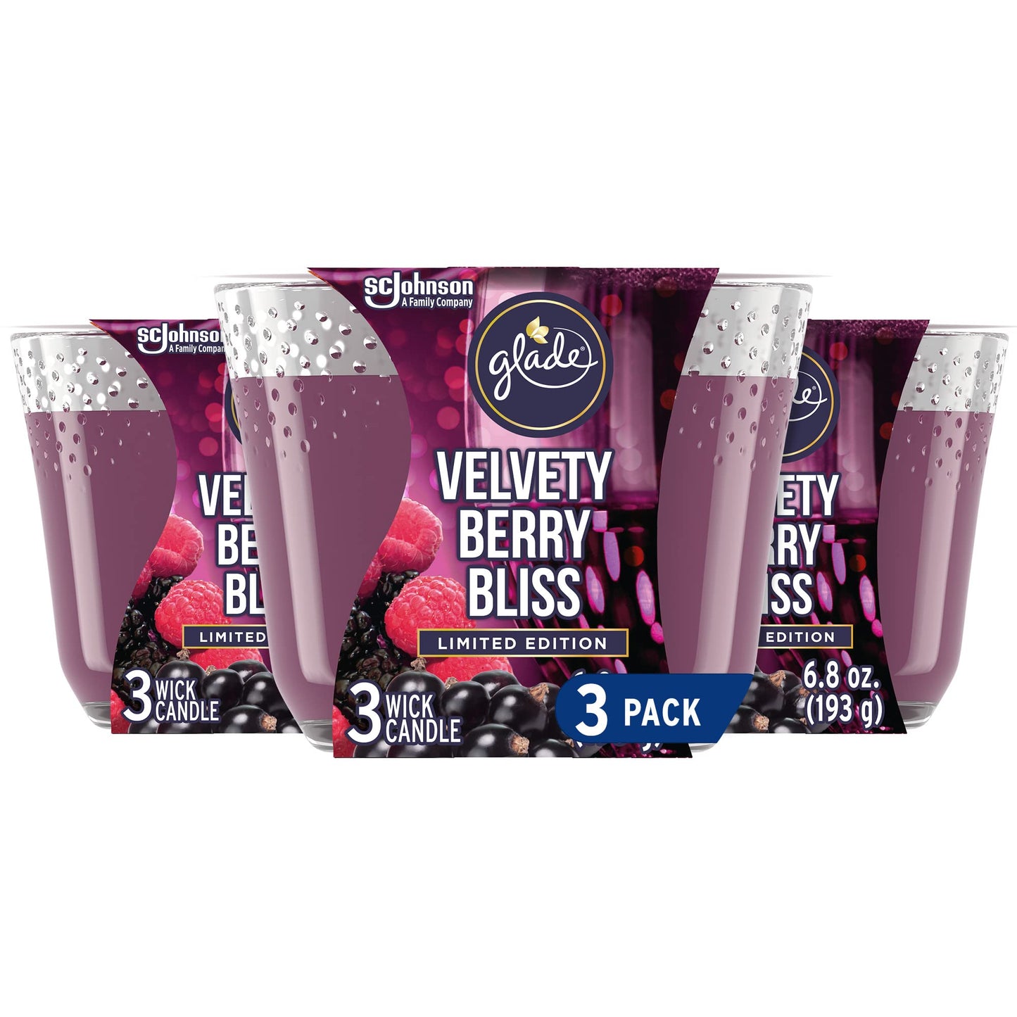 Glade Candle Velvety Berry Bliss, Fragrance Candle Infused with Essential Oils, Air Freshener Candle, 3-Wick Candle, 6.8 Oz, 3 Count