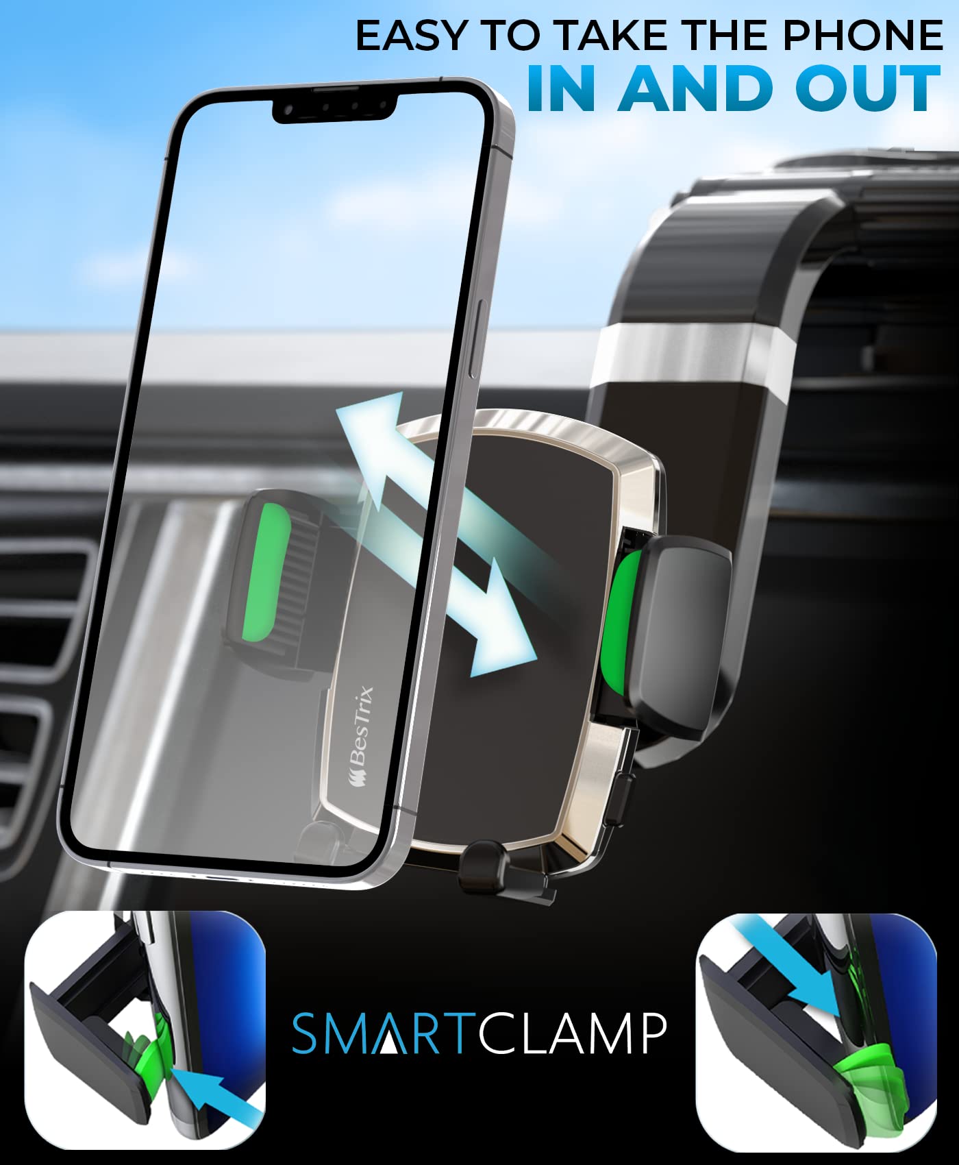 Bestrix Phone Holder for Car, SmartClamp Car Phone Mount | Dashboard Cell Phone Car Phone Holder Compatible with iPhone 14 13 12 11 Pro, Xr, Xs, XS MAX,XR,X, Galaxy S22 S21 S20 & All Smartphones