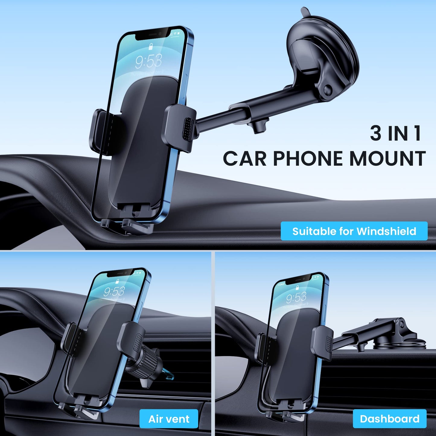 Car Phone Holder Mount Phone Mount for Car Windshield Dashboard Air Vent Universal Hands Free Automobile Cell Phone Holder Fit for iPhone Smartphones