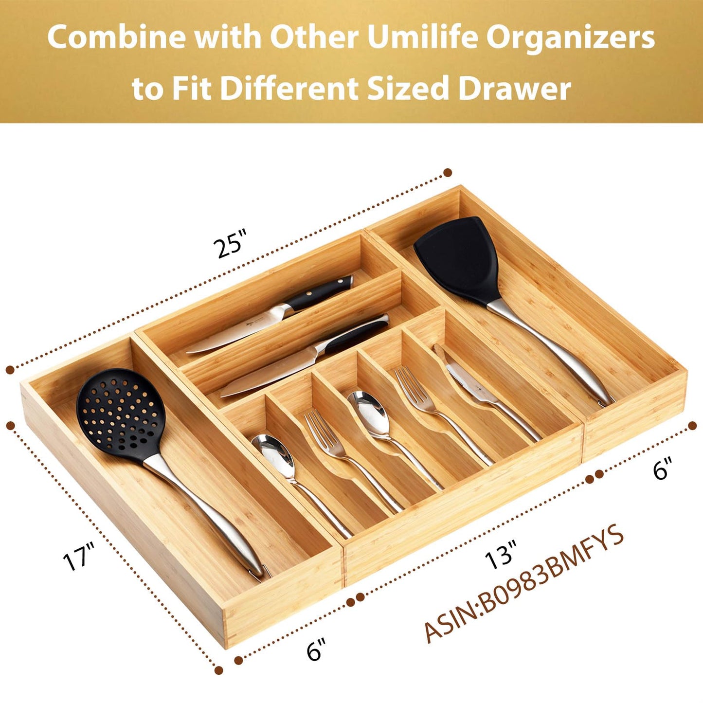 Umilife Bamboo Kitchen Utensils Organizer, Extra Long High Silverware Drawer Holder, Flatware Cutlery Storage Box, Multi-Use Drawer Divider in Office, Bathroom, Pantry - 17"x6"x2.5" (Set of 2)