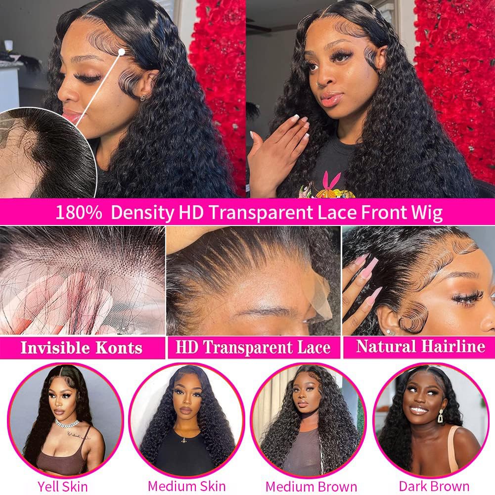 13x6 Lace Front Wigs Human Hair 180% Density Deep Wave Wigs for Women Human Hair Glueless Wigs Human Hair Pre Plucked with Baby Hair Natural Hairline Wet and Wavy Lace Front Wigs 28 Inch