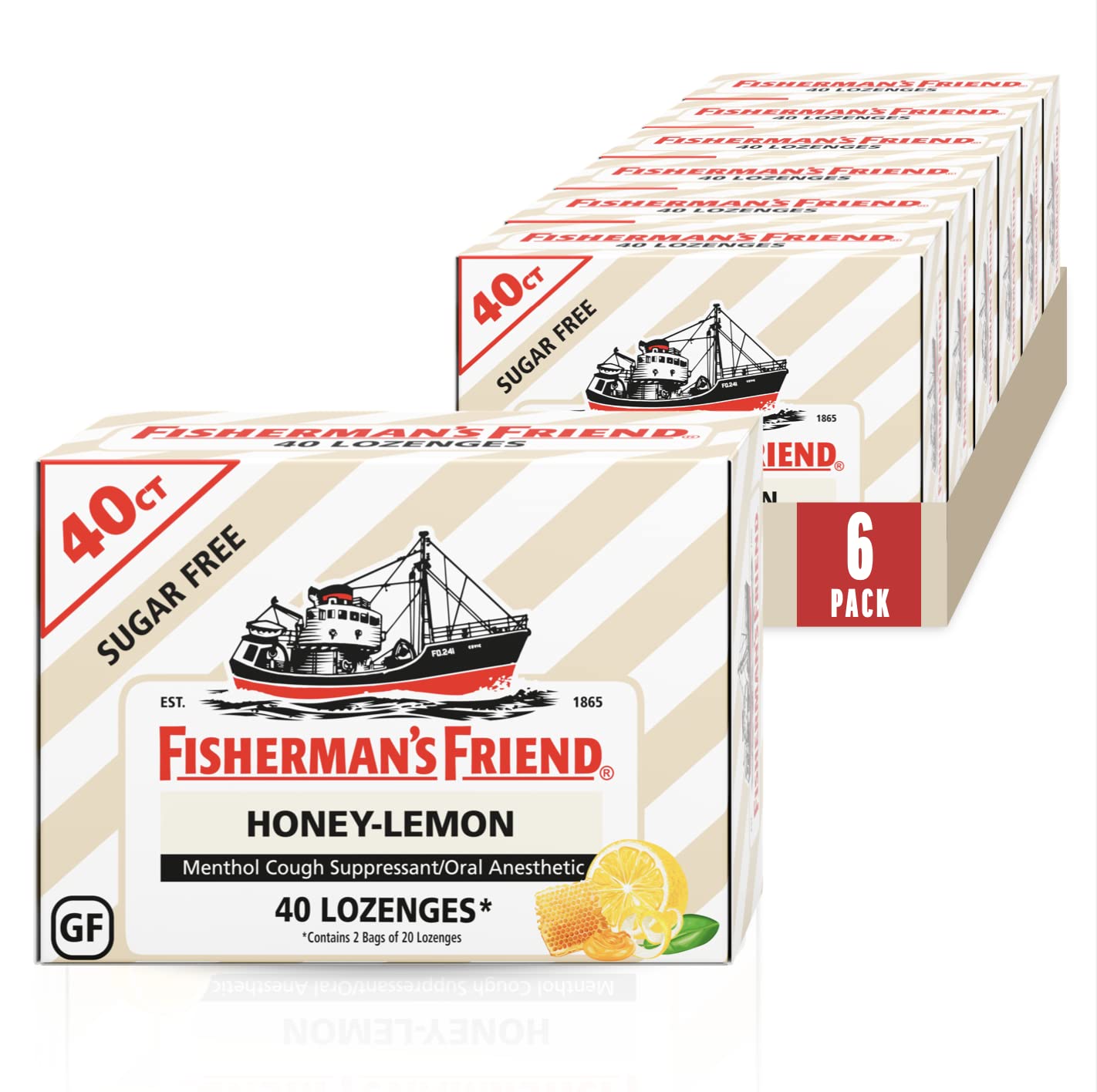 Fisherman's Friend Cough Drops, Cough Suppressant and Sore Throat Lozenges, Sugar Free Honey-Lemon, 5.52mg Menthol, 240 Drops (6 Packs of 40)