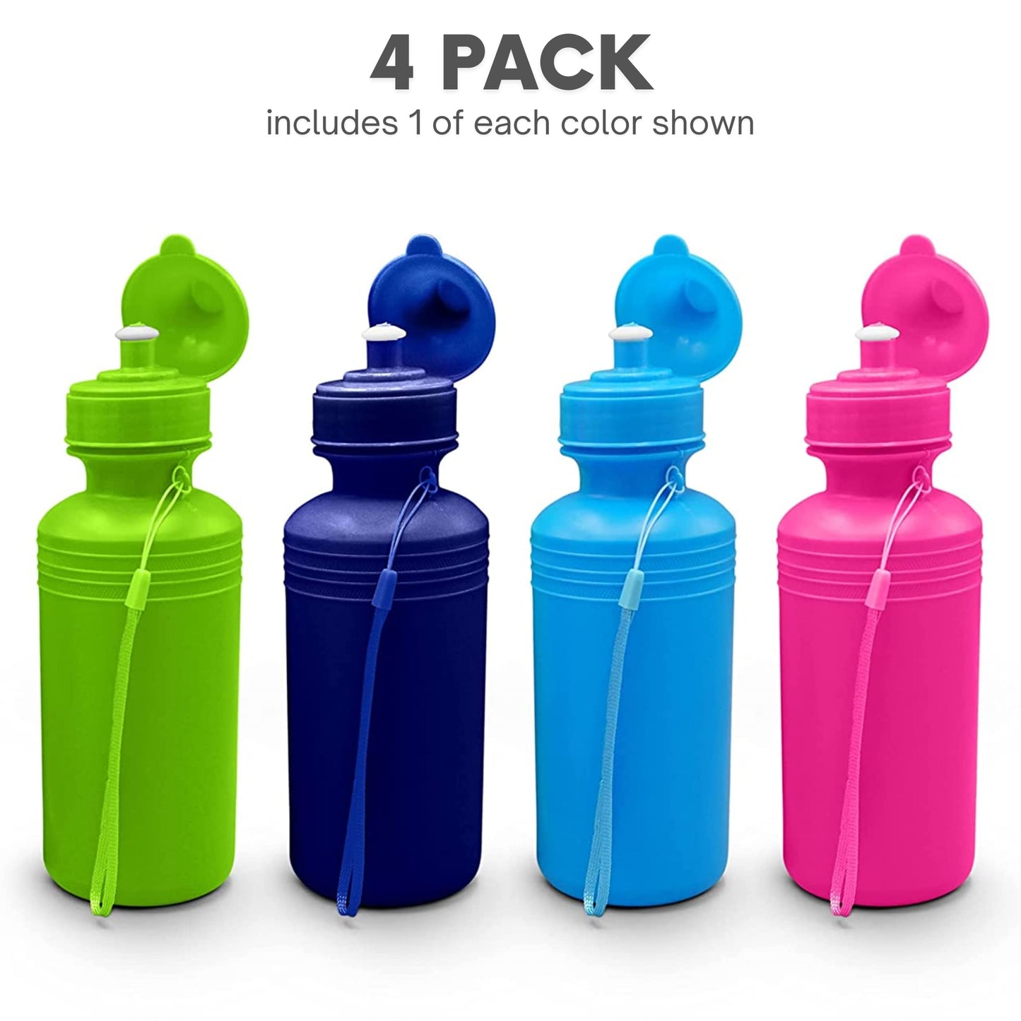 4E's Novelty Water Sports Bottles for Kids (4 Pack) 18oz BPA Free, Reusable Plastic Water Bottles (Neon Colors)